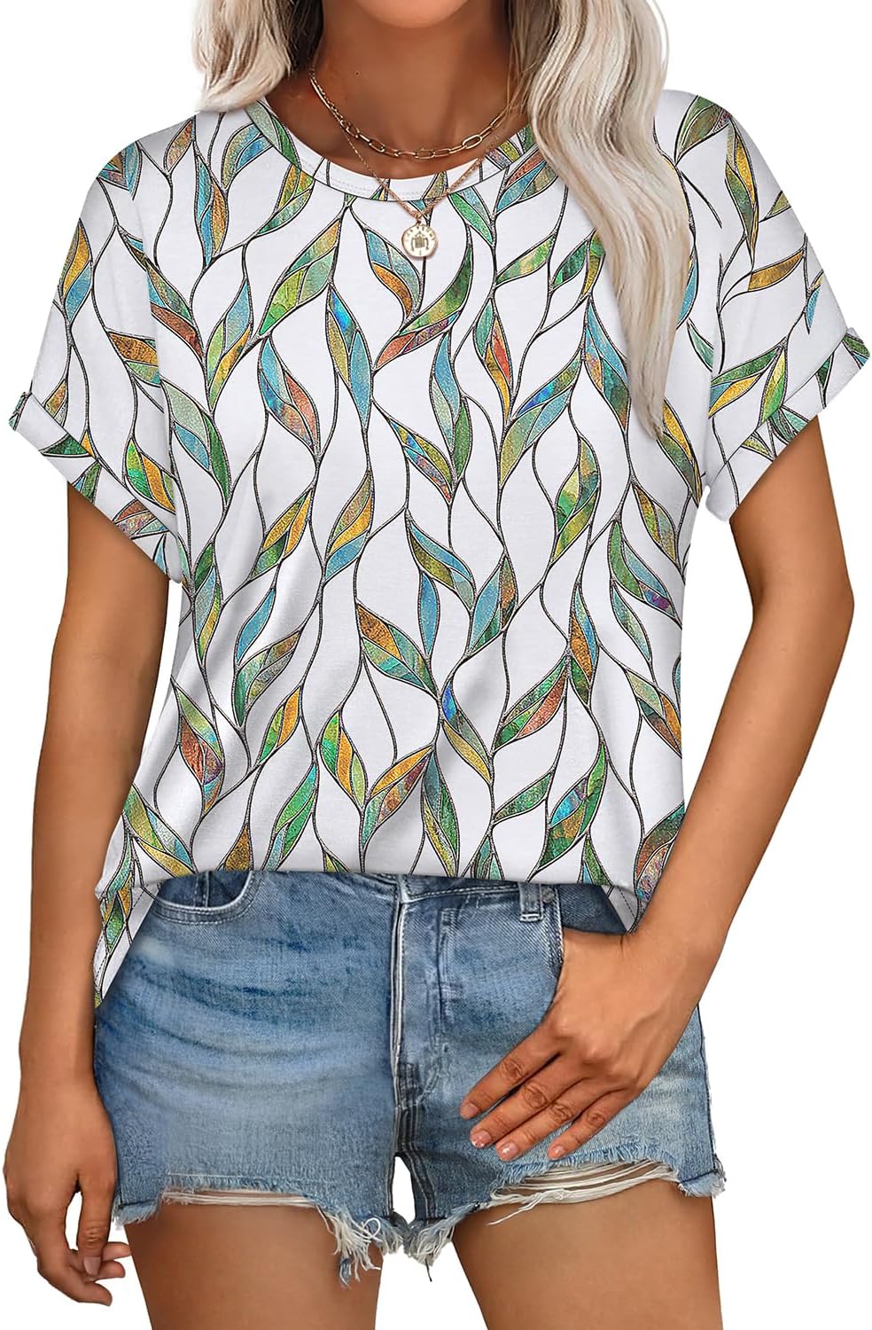 Womens T Shirts Crew Neck Rolled Short Sleeve Basic Summer Tees Curved Hem