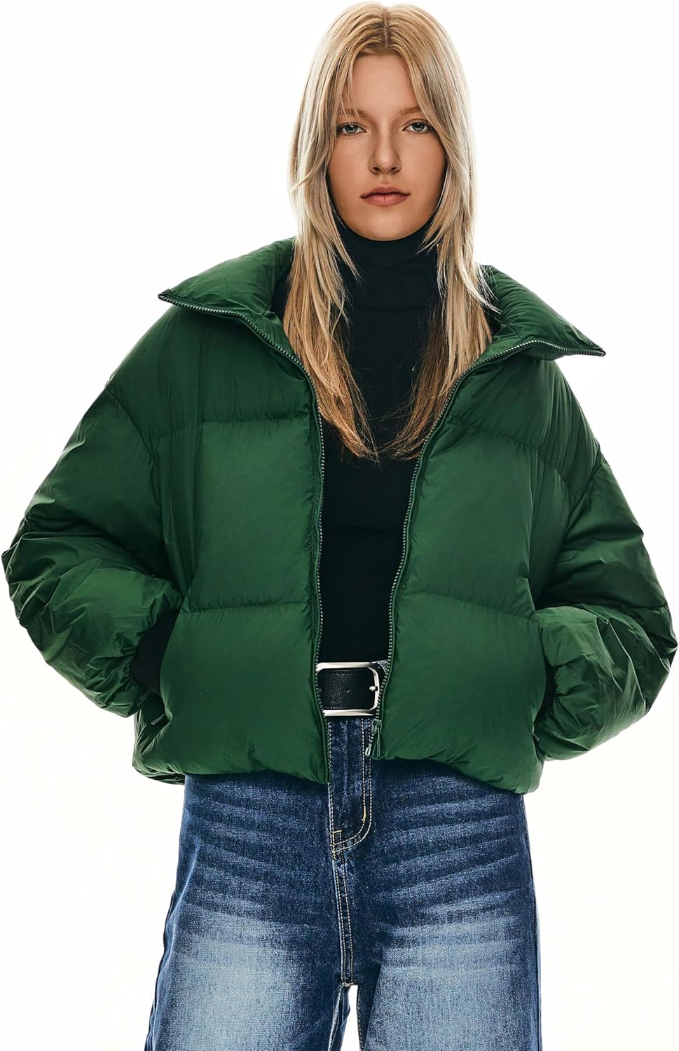 Womens Winter Oversized Cropped Puffer Jacket Zip Up Short Down Coat
