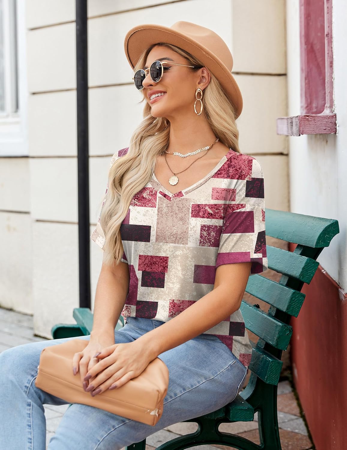 Short Sleeve Casual Shirts Floral Tee Basics V Neck Plain T-shirt