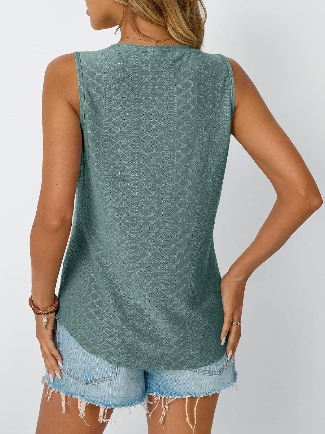 Womens Summer Tank Top Eyelet Embroidery V Neck Sleeveless Loose Fit Casual Shirt