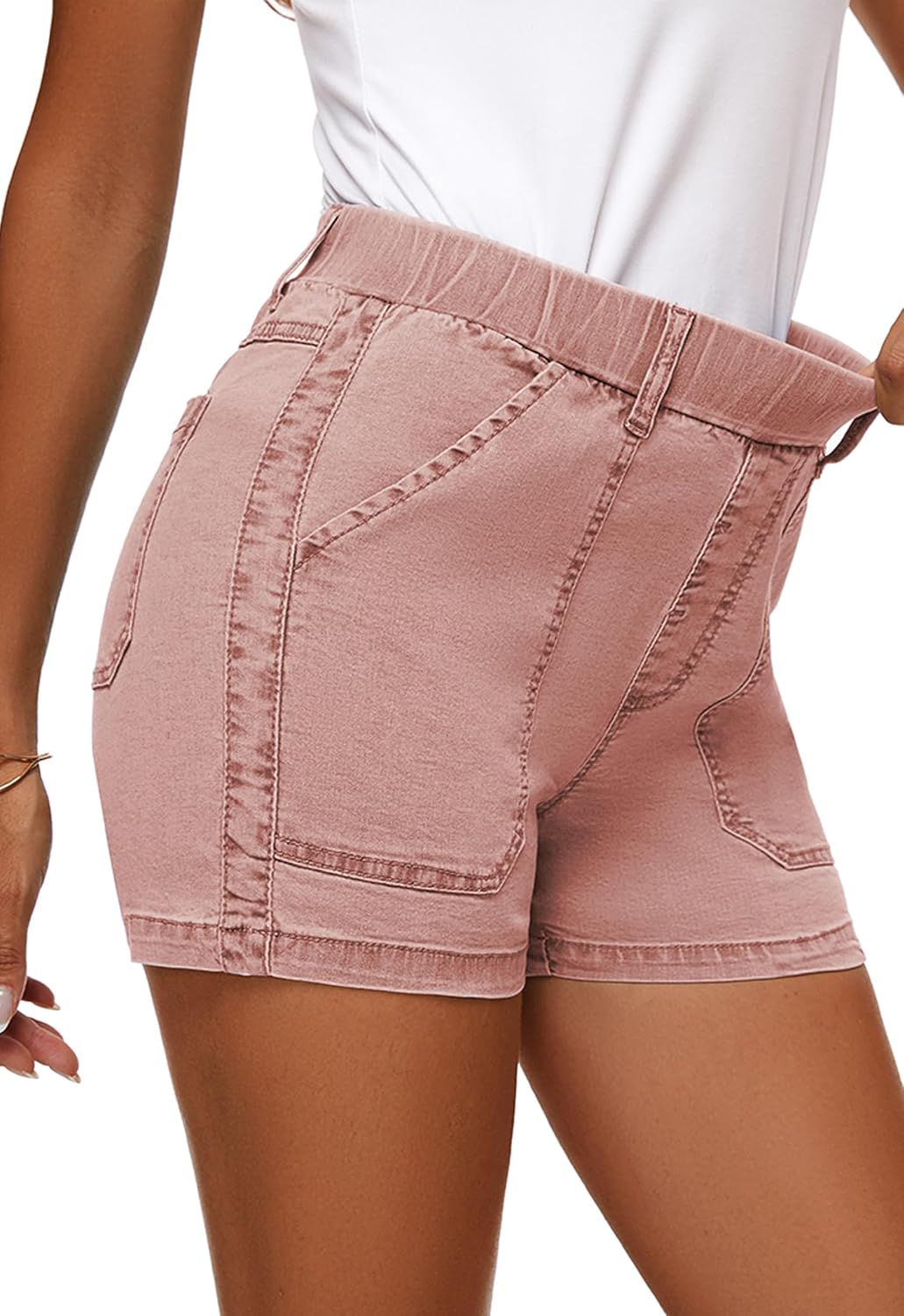 Womens Jean Shorts High Waisted Summer Cotton Elastic Waist Denim Shorts with Pockets