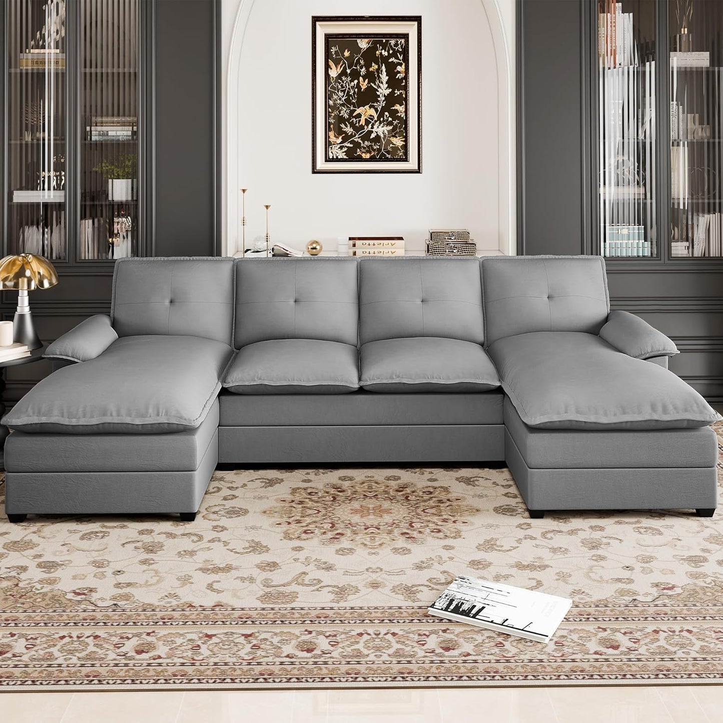 110 Inch U Shaped Sectional Sofa with Double Chaise Black