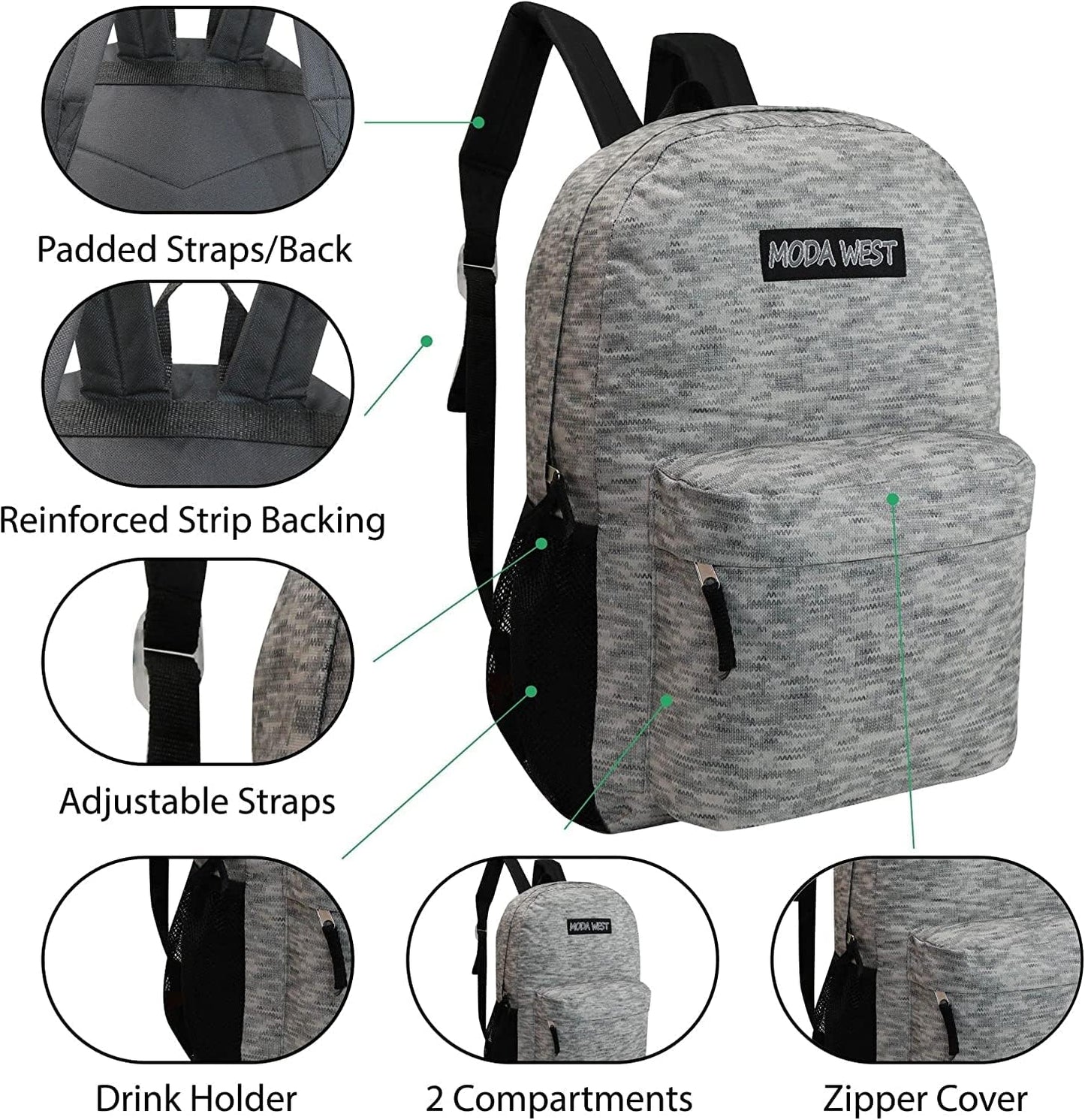 24 Pack 17 Inch Kids Backpacks in 20 Assorted Colors and Prints