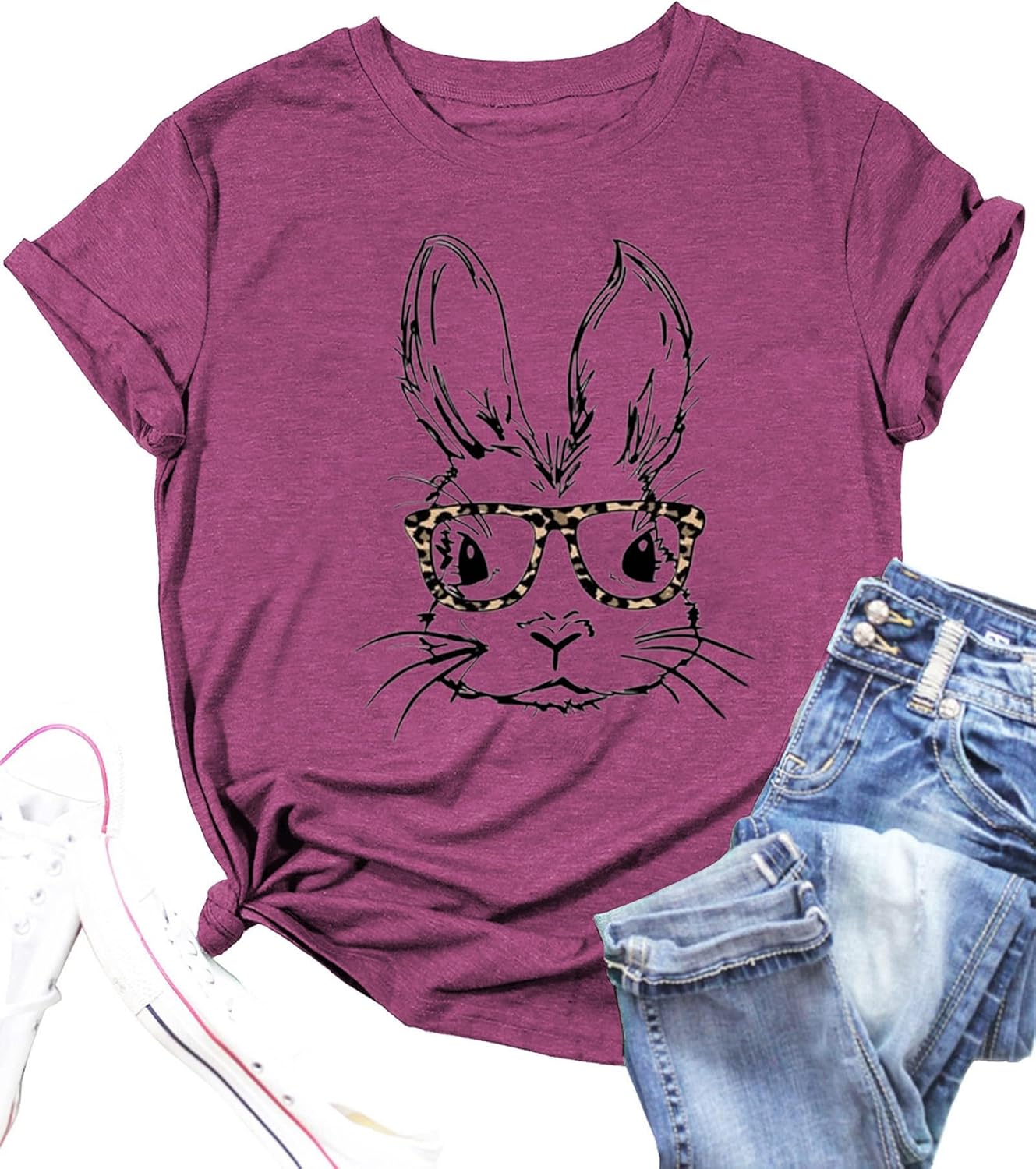 Funny Bunny Print T Shirt for Women Cute Grapic Leopard Shirts Family Blouse Gifts Easter Tops Tee