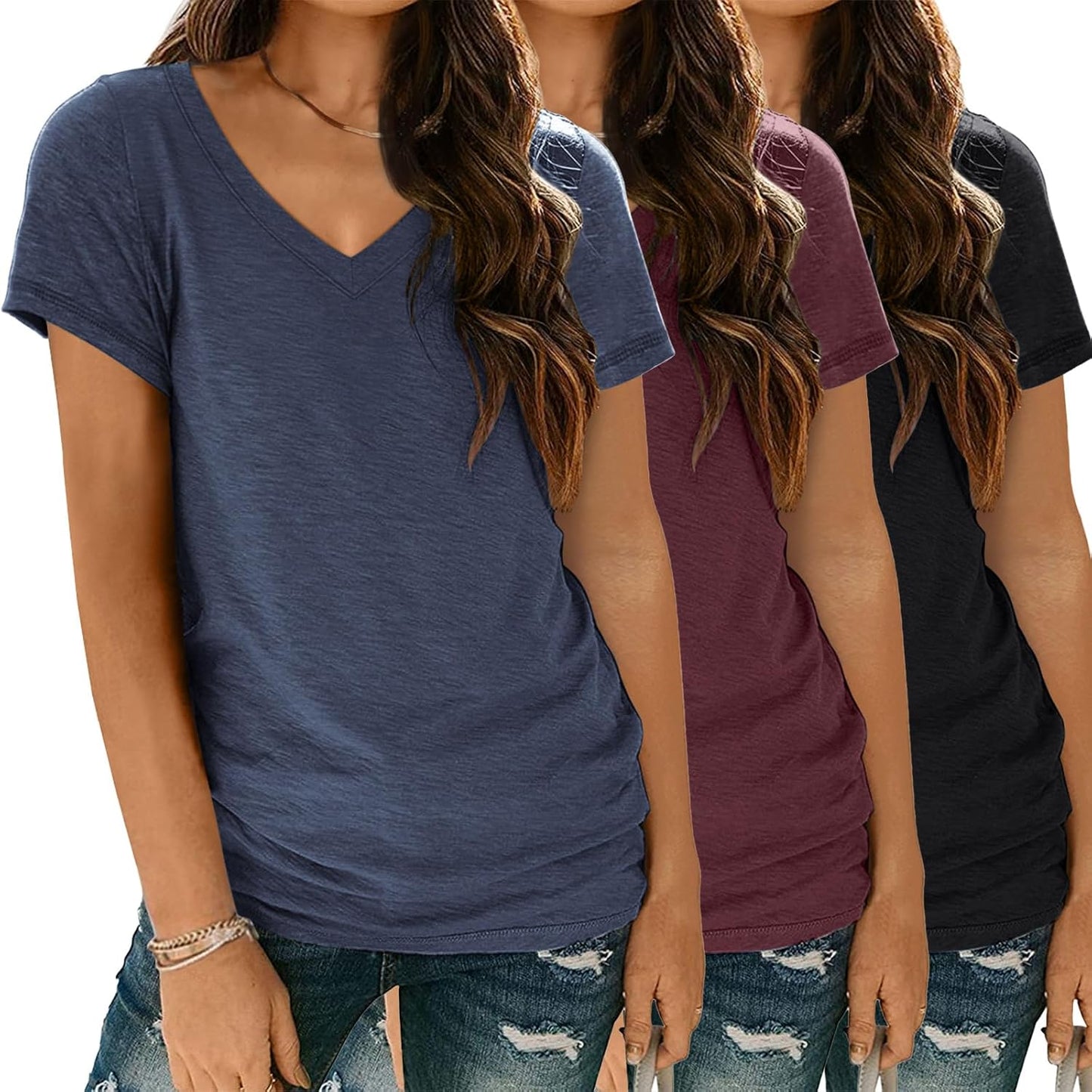 3 Pack V Neck T Shirts for Women Short Sleeve T-shirts