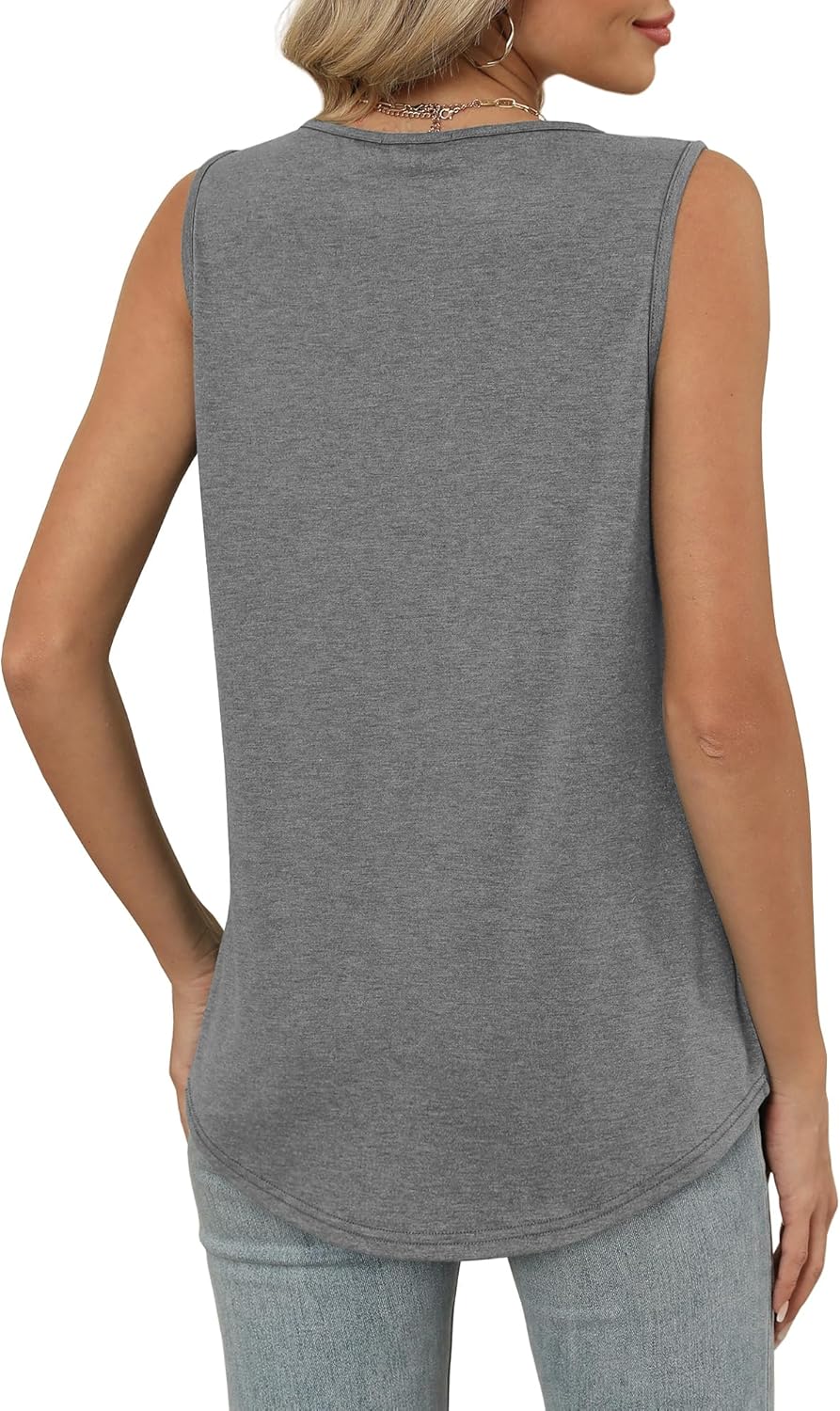 Womens V Neck Tank Top Loose Fit Sleeveless Summer Shirt Ruched Tees and Tanks with Curved Hem