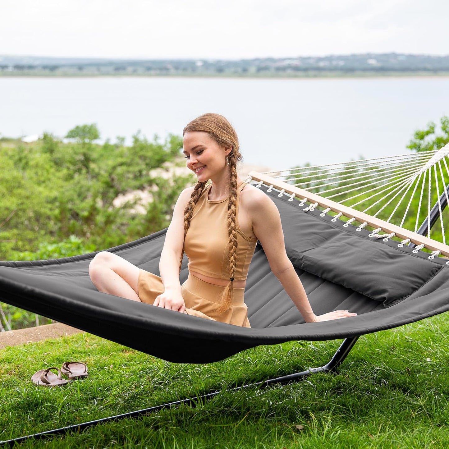 2 Person Hammock with Stand Heavy Duty Portable Dark Grey