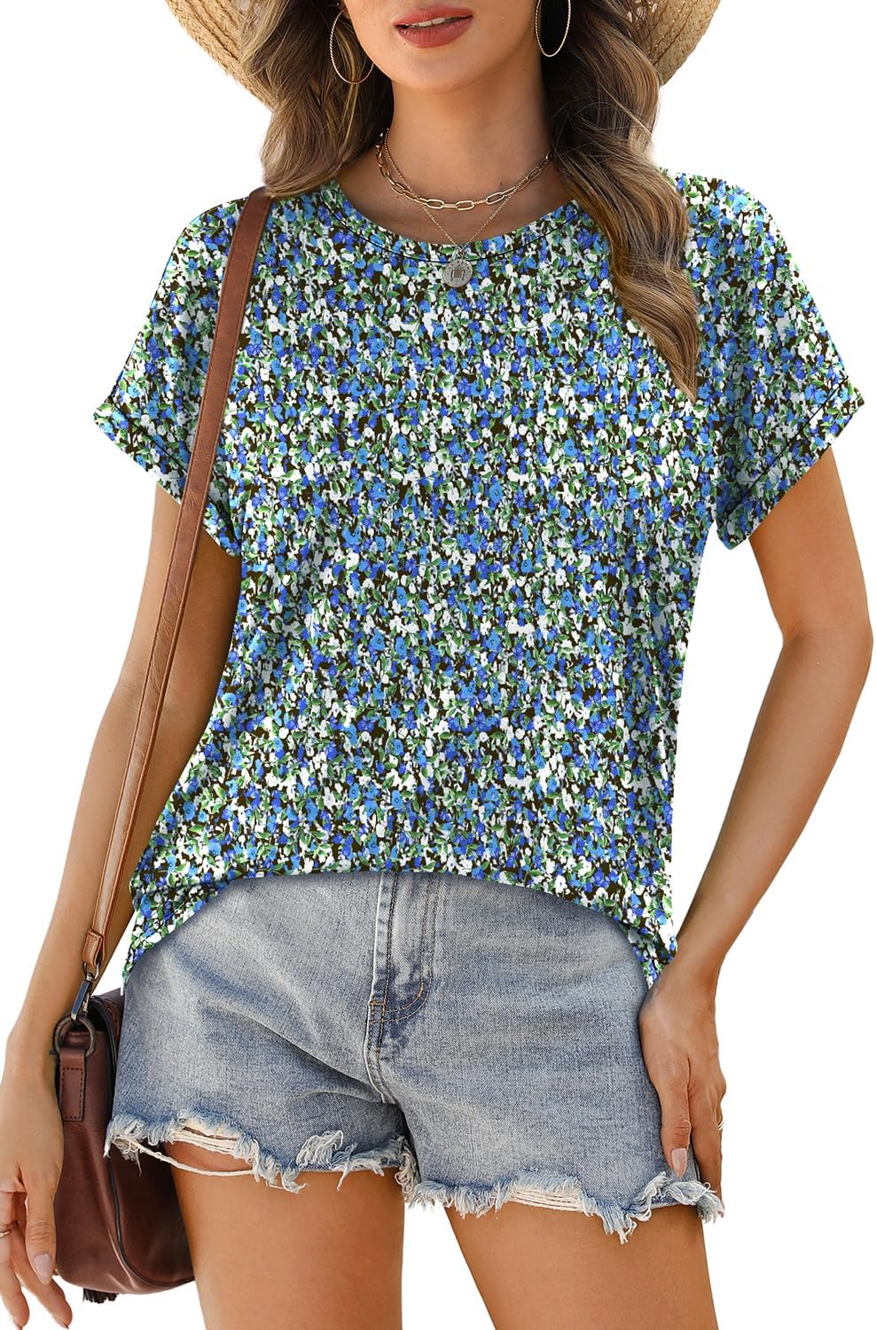 Womens T Shirts Crew Neck Rolled Short Sleeve Basic Summer Tees Curved Hem