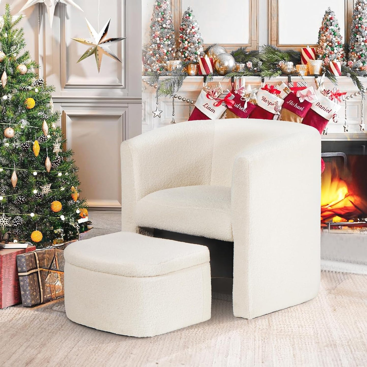 COLAMY Upholstered Velvet Barrel Accent Chair with Storage Ottoman
