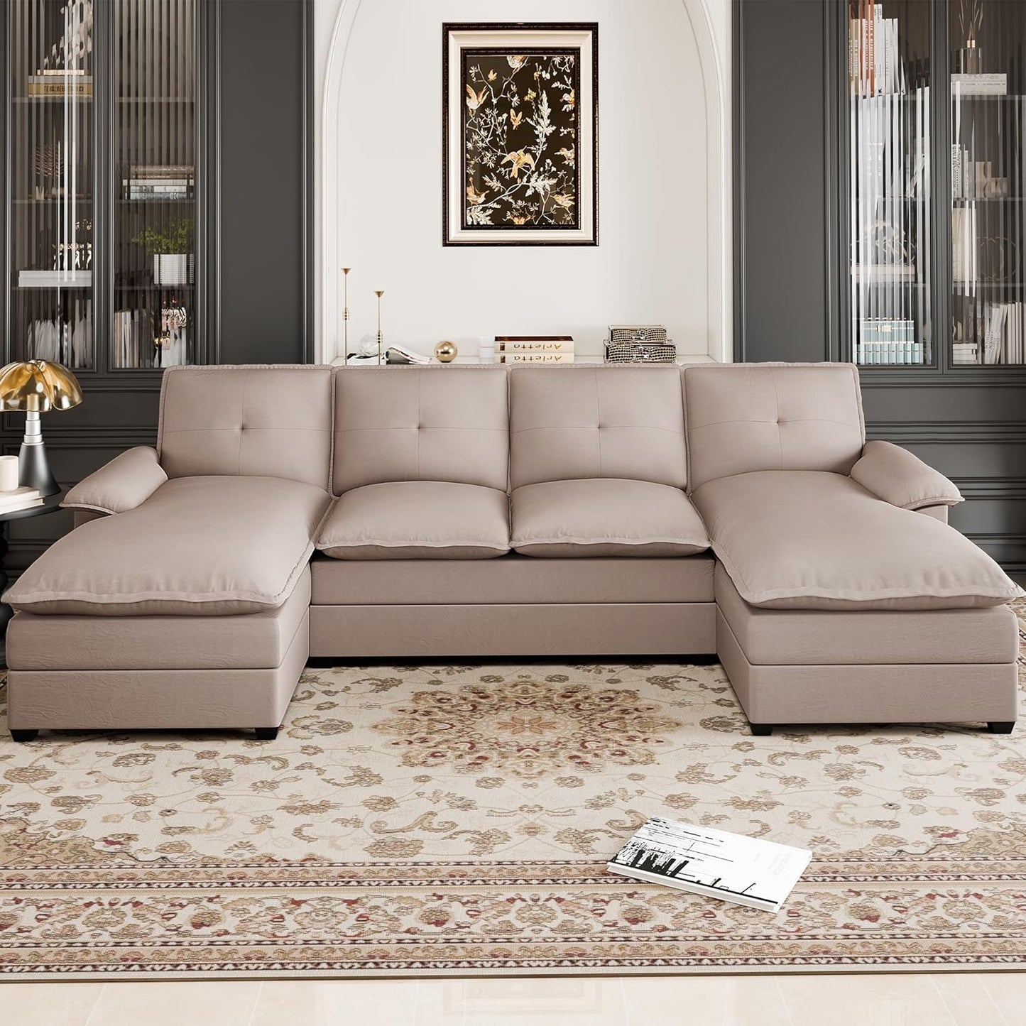 110 Inch U Shaped Sectional Sofa with Double Chaise Black