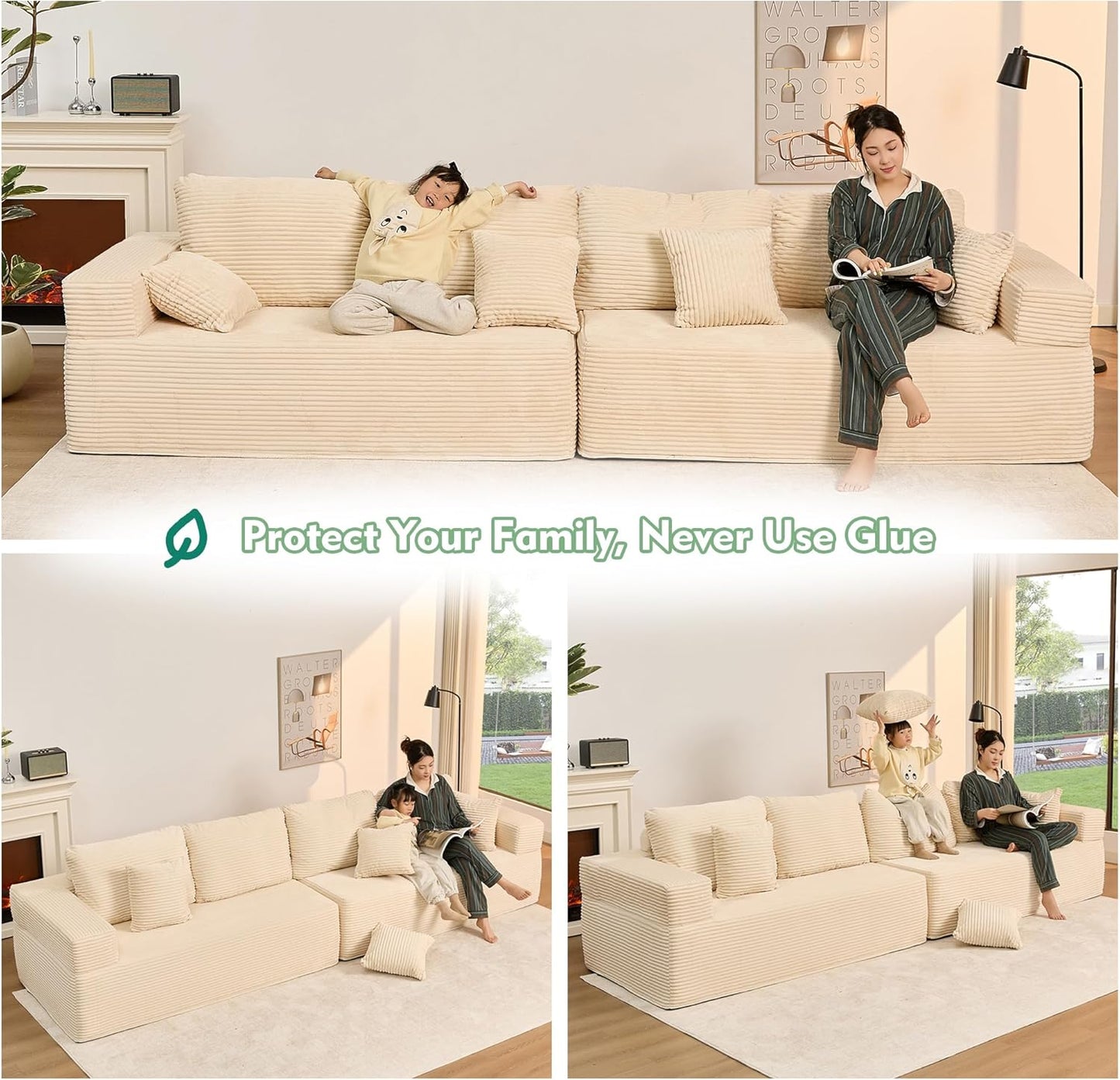 107" Boneless Couch with Deep Seat Cloud Sectional Couch for Living Room