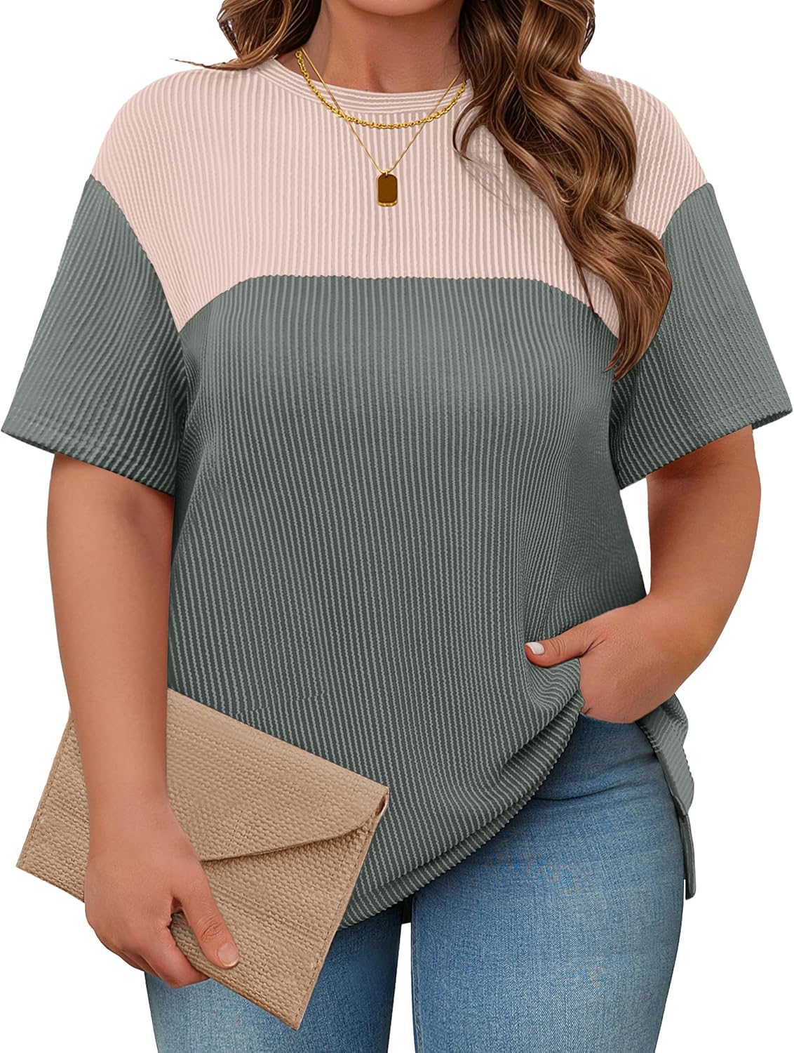 Womens Plus Size Short Sleeve Color Block Pullover Tunic Tops
