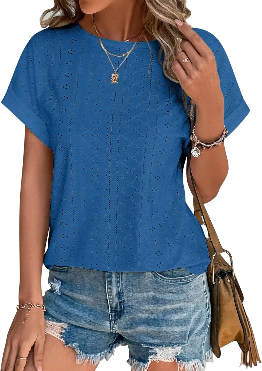 Womens Tops Eyelet Embroidery Summer Spring Curved Hem Short Sleeve Trendy T Shirts