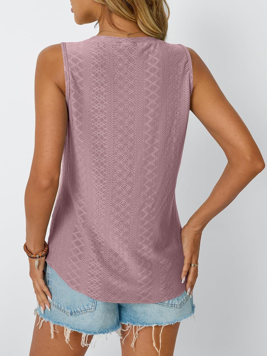 Womens Summer Tank Top Eyelet Embroidery V Neck Sleeveless Loose Fit Casual Shirt