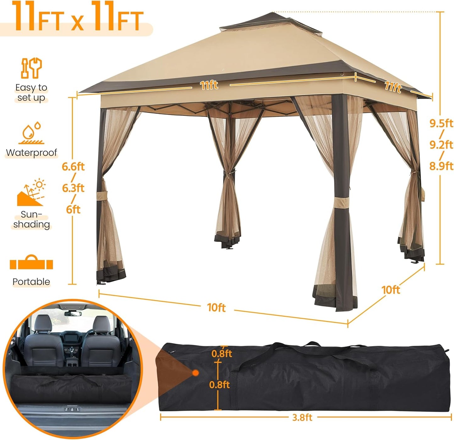 11x11 Pop Up Gazebo Canopy Tent with Mesh Netting and Sandbags