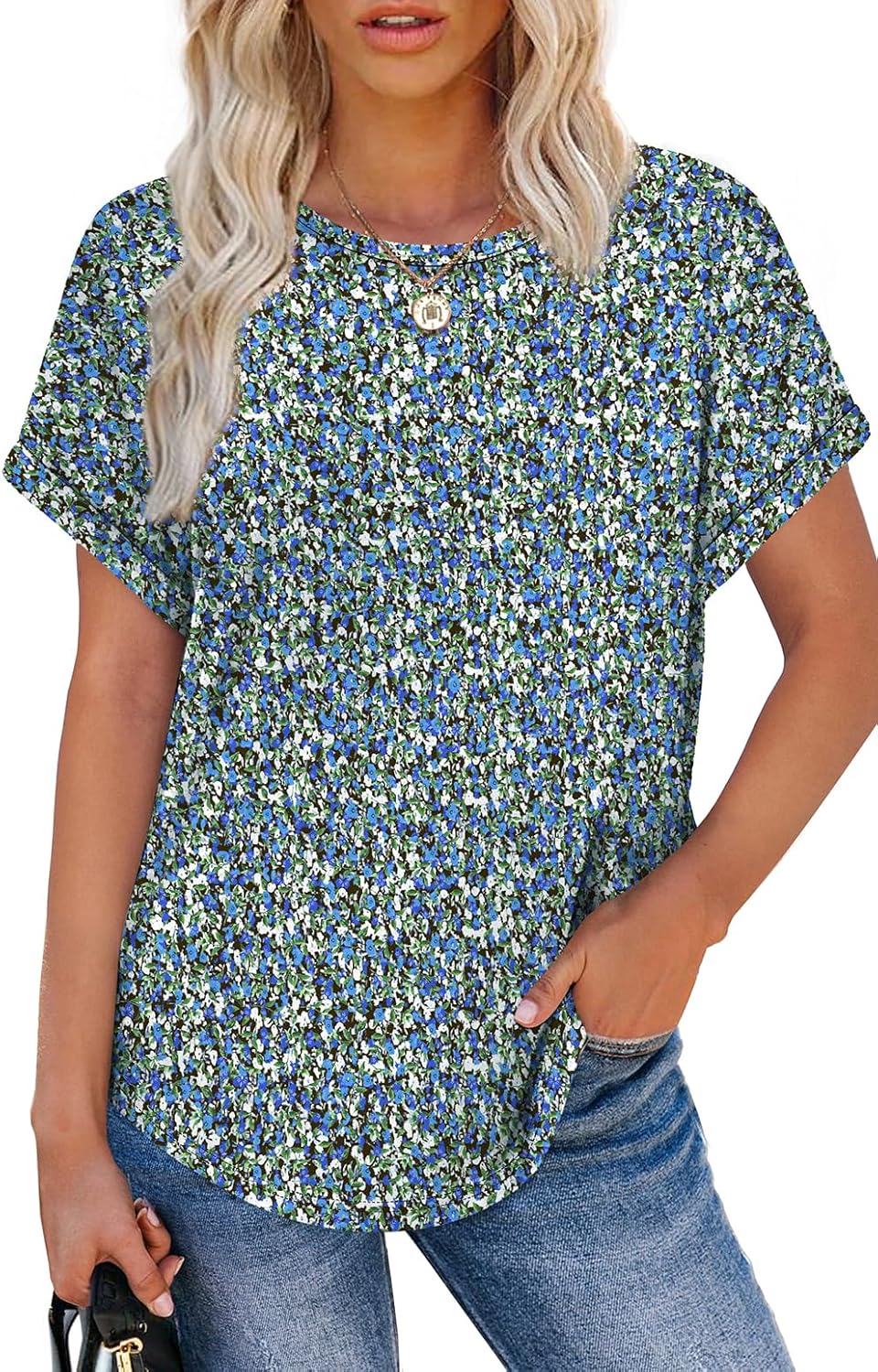 Womens T Shirts Crew Neck Rolled Short Sleeve Basic Summer Tees Curved Hem