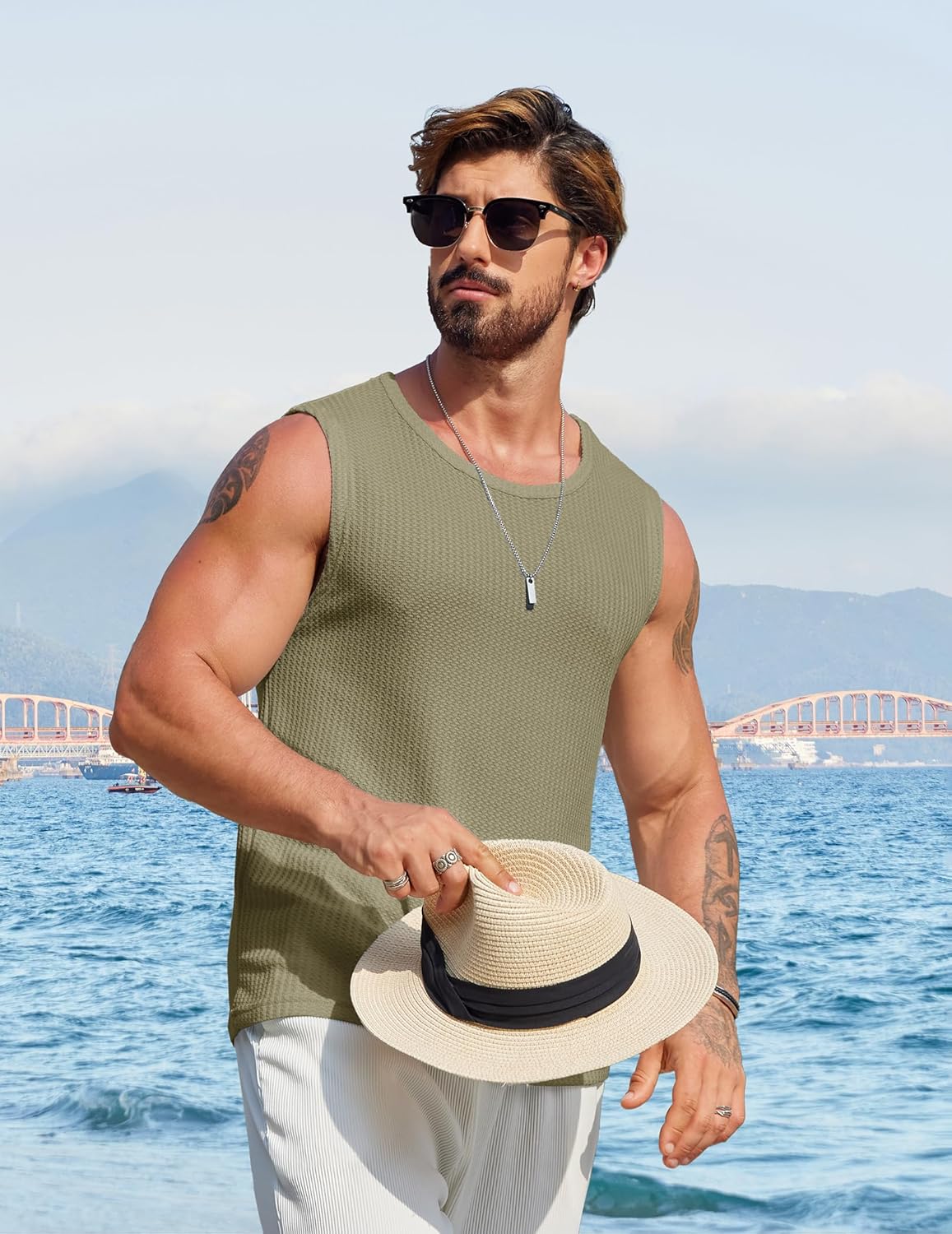 Mens Casual Tank Tops Waffle Knit Sleeveless Shirt Breathable Tank Shirts