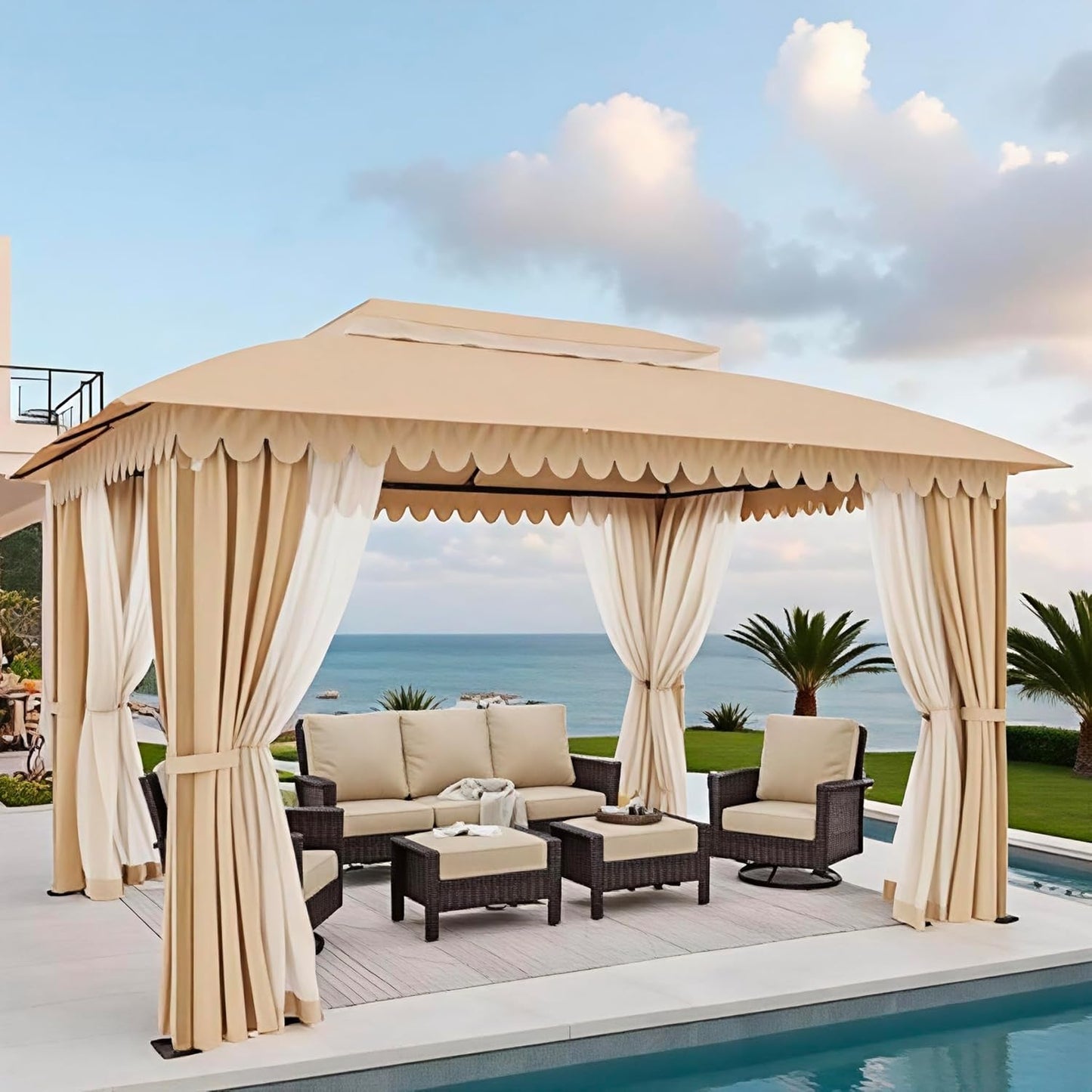 10x13 Outdoor with Screened Double Roof Heavy-Duty Patio Canopy Tent Dark Blue
