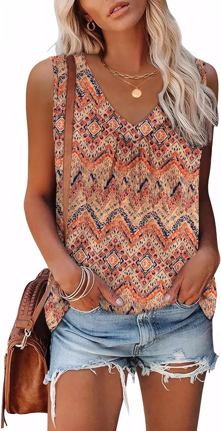 Womens V Neck Tank Top Loose Fit Sleeveless Summer Shirt Ruched Tees and Tanks with Curved Hem