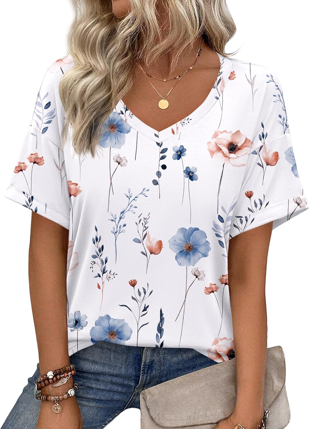 Short Sleeve Casual Shirts Floral Tee Basics V Neck Plain T-shirt