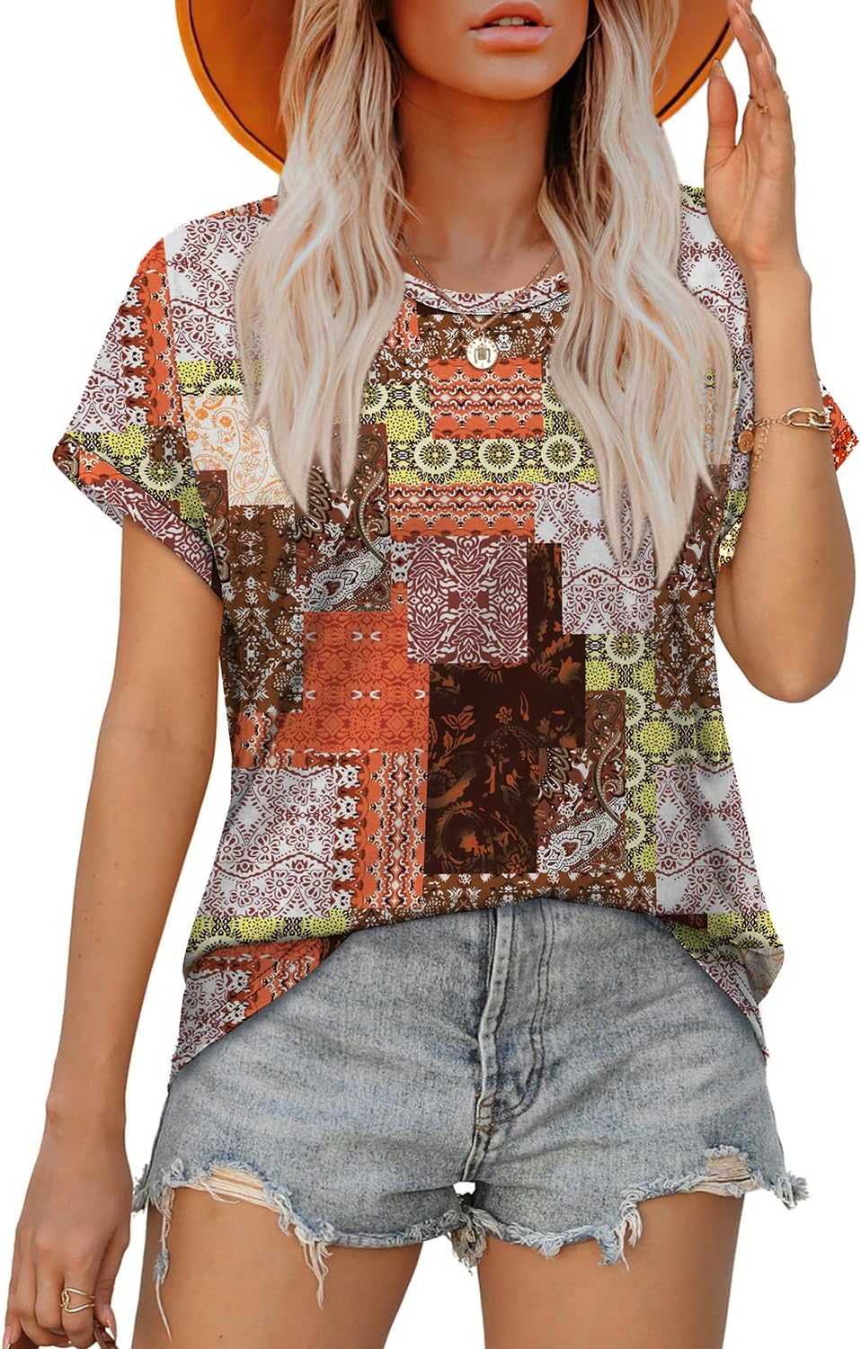 Womens T Shirts Crew Neck Rolled Short Sleeve Basic Summer Tees Curved Hem