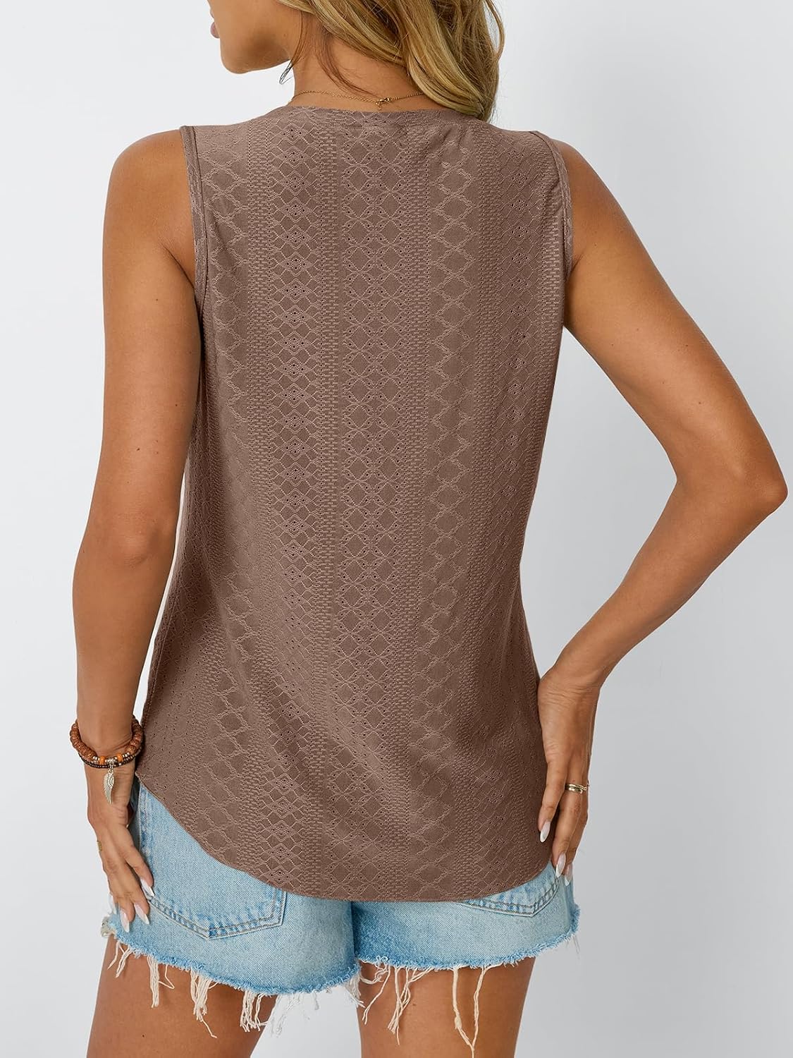 Womens Summer Tank Top Eyelet Embroidery V Neck Sleeveless Loose Fit Casual Shirt