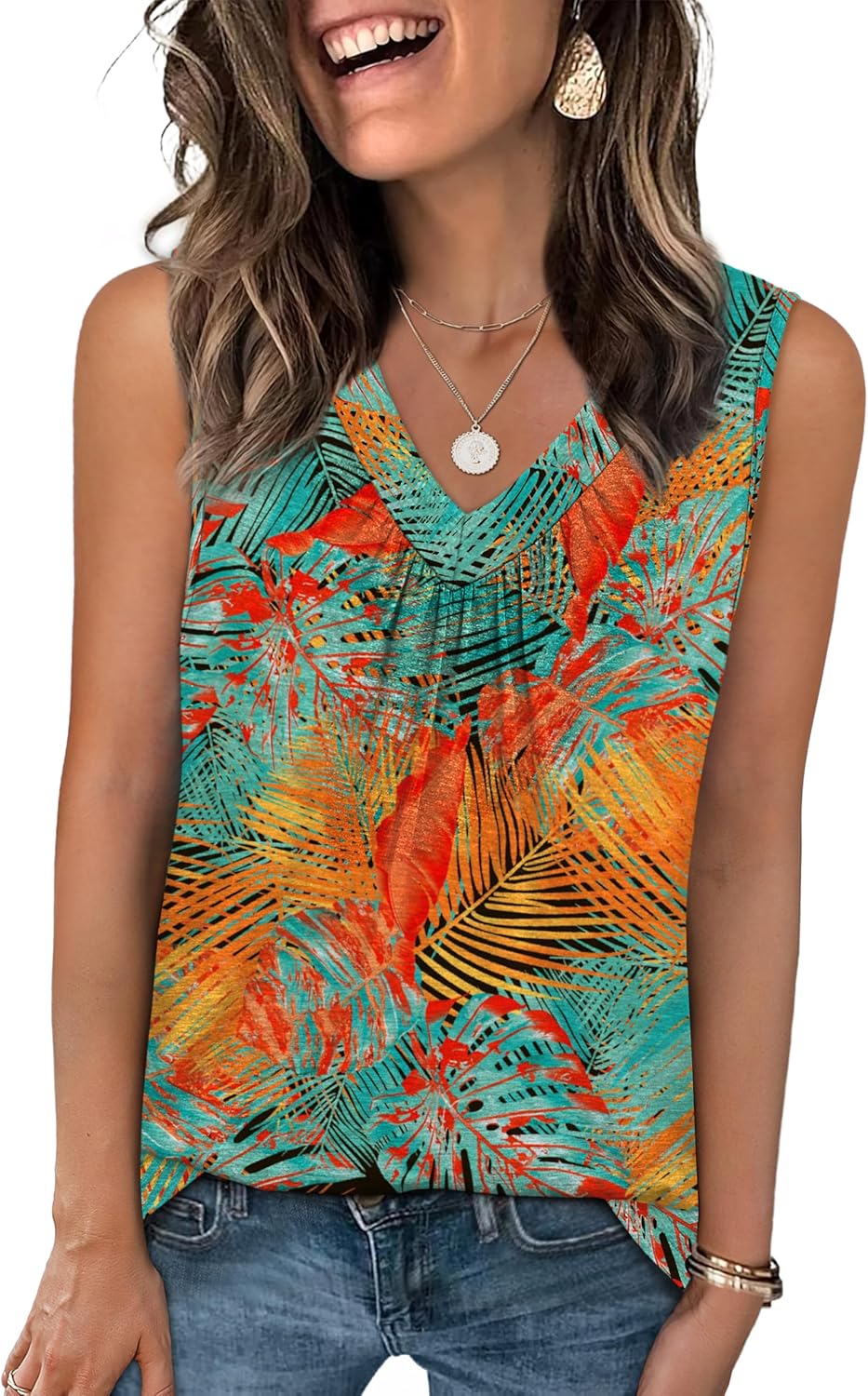 Womens V Neck Tank Top Loose Fit Sleeveless Summer Shirt Ruched Tees and Tanks with Curved Hem