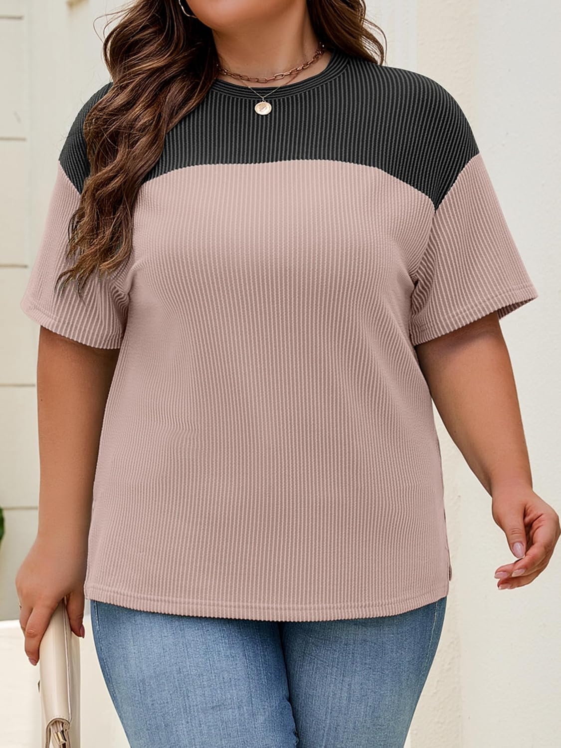 Womens Plus Size Short Sleeve Color Block Pullover Tunic Tops