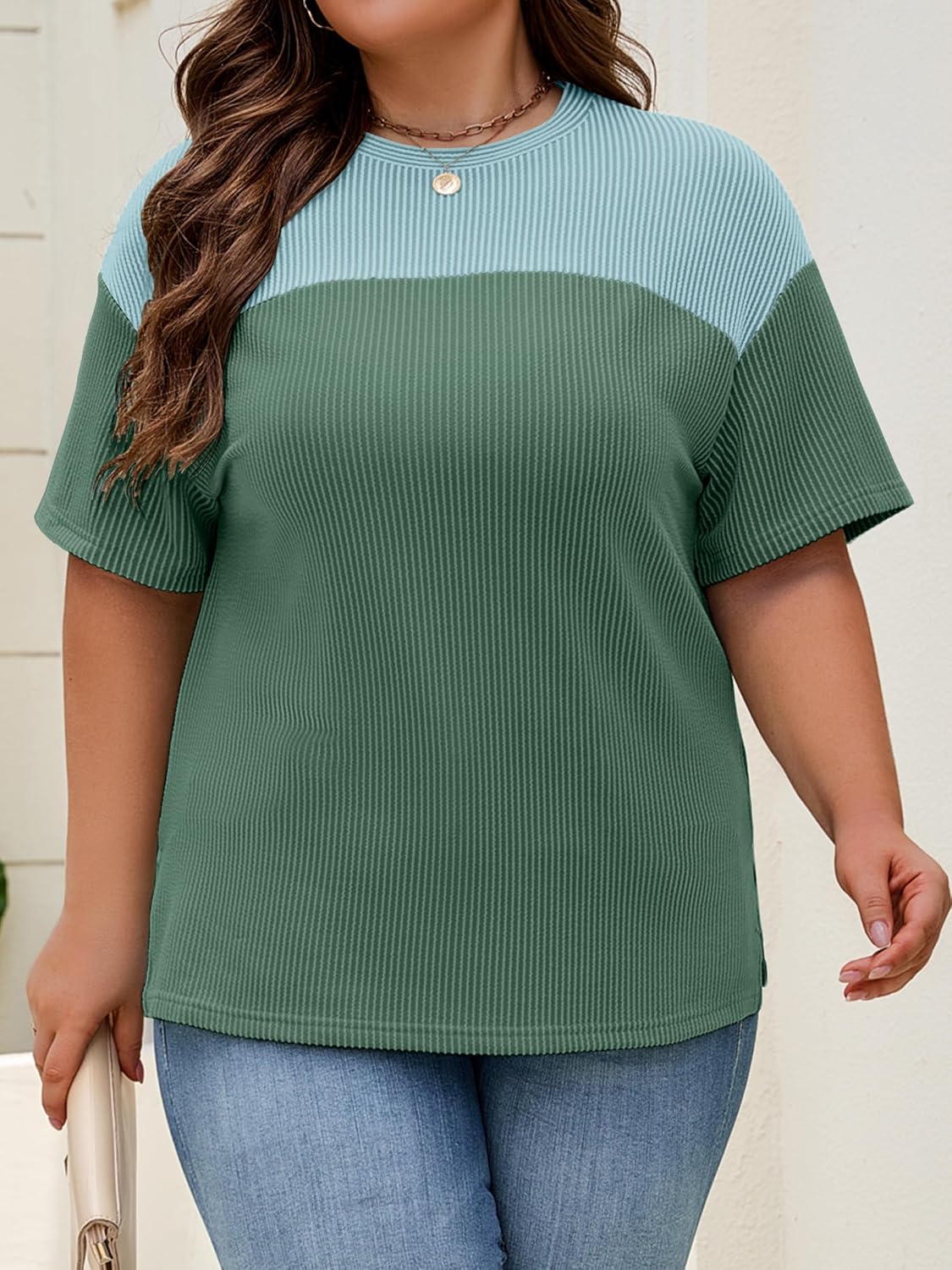 Womens Plus Size Short Sleeve Color Block Pullover Tunic Tops