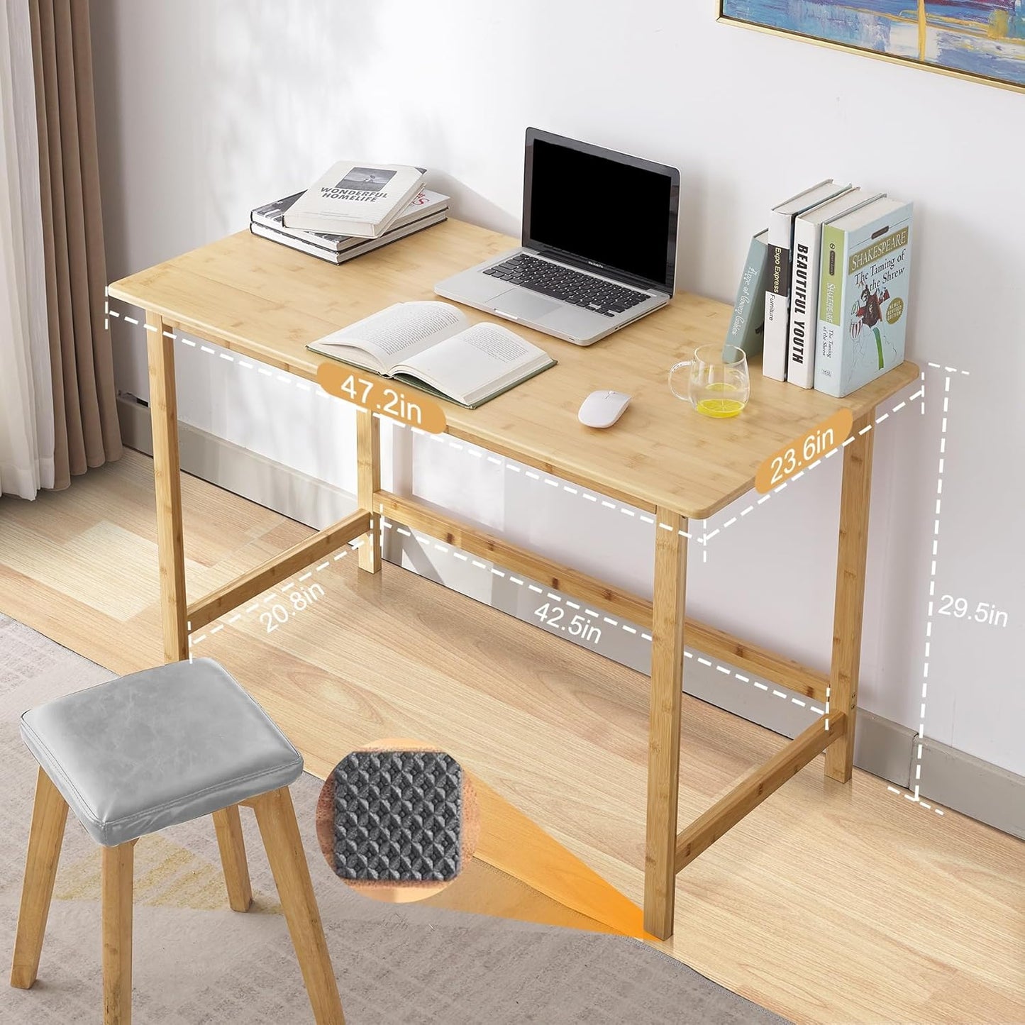 Writing Computer Desk 46" Bamboo Home Office Table with 2 Drawers