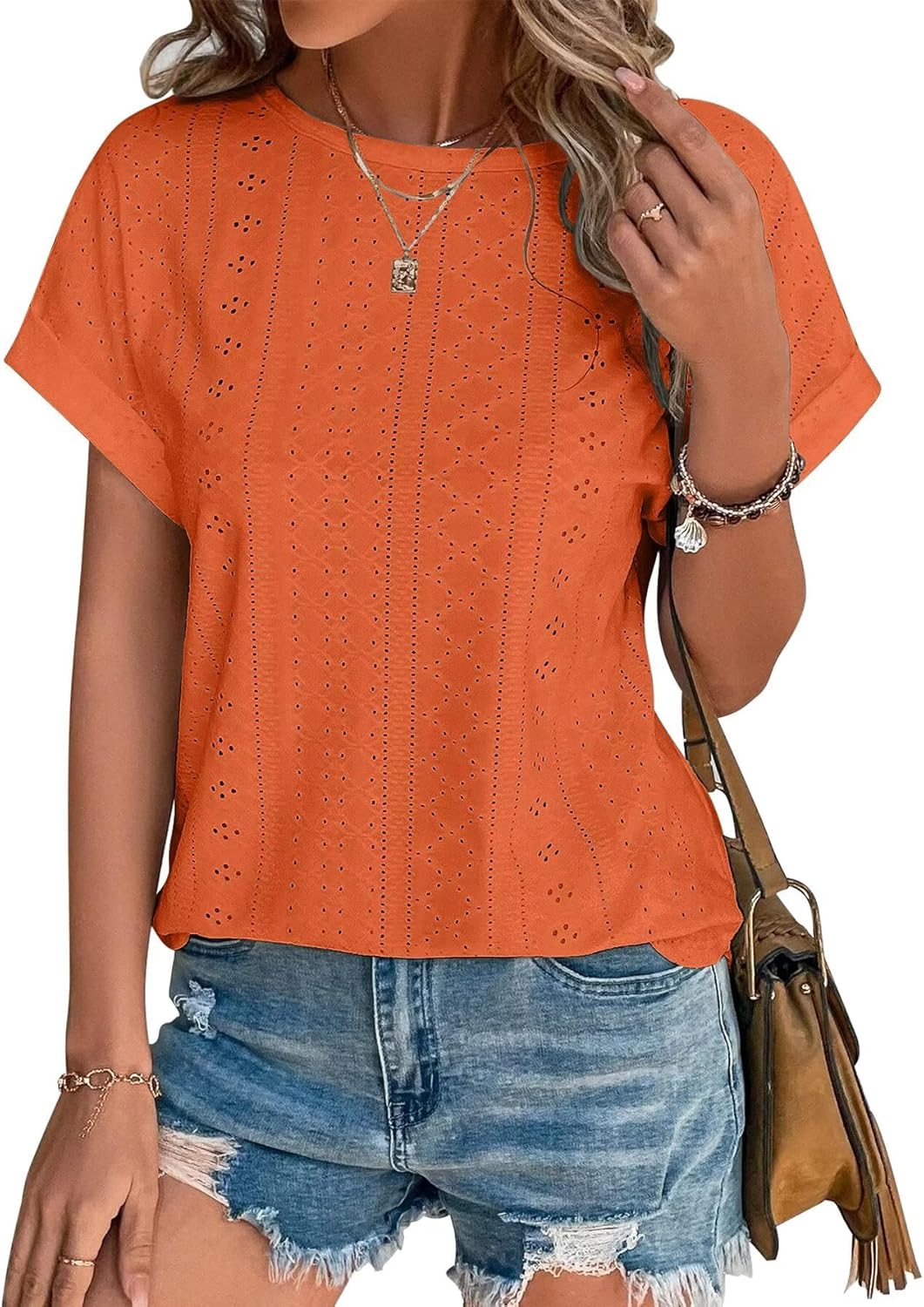 Womens Tops Eyelet Embroidery Summer Spring Curved Hem Short Sleeve Trendy T Shirts