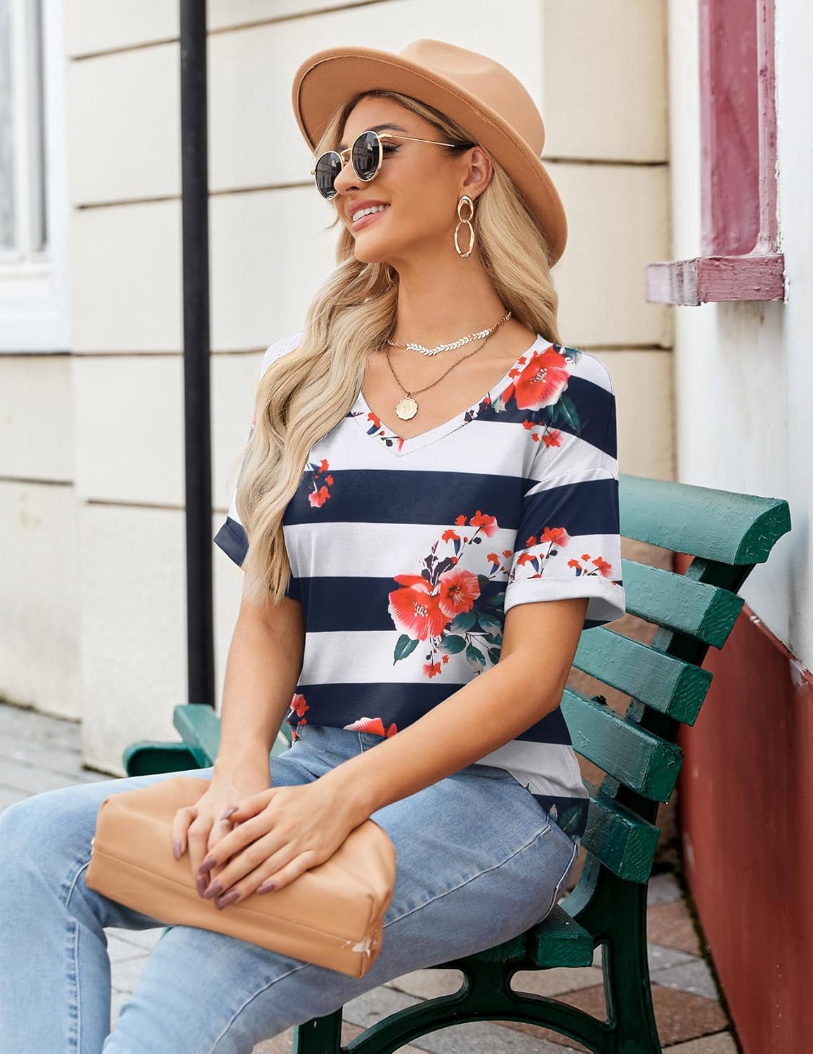 Short Sleeve Casual Shirts Floral Tee Basics V Neck Plain T-shirt