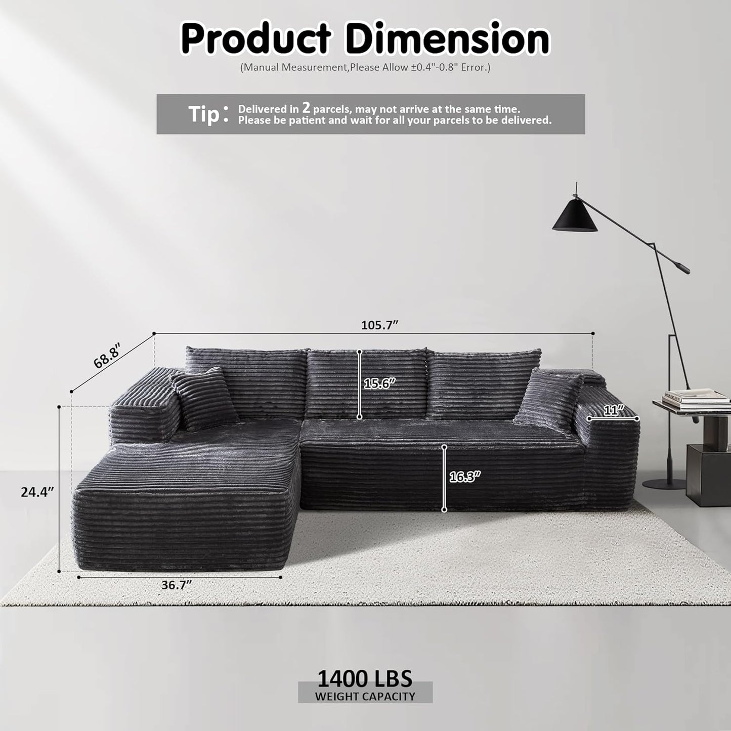 104" Cloud Sectional Couch with L-Shape Chaise