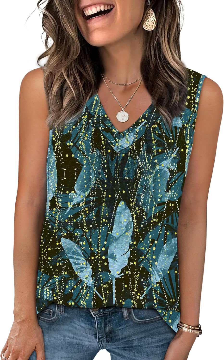Womens V Neck Tank Top Loose Fit Sleeveless Summer Shirt Ruched Tees and Tanks with Curved Hem
