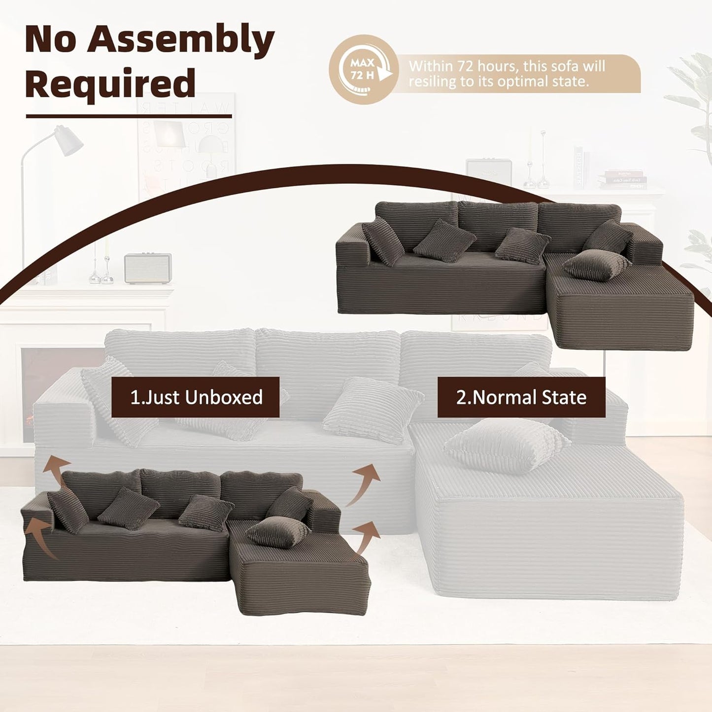 107" Boneless Couch with Deep Seat Cloud Sectional Couch for Living Room