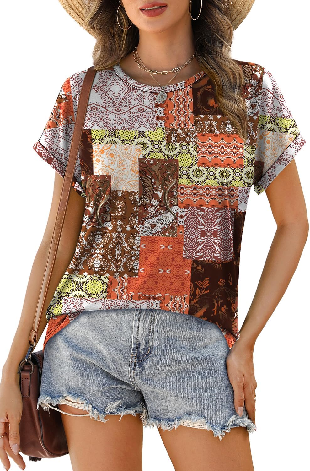 Womens T Shirts Crew Neck Rolled Short Sleeve Basic Summer Tees Curved Hem