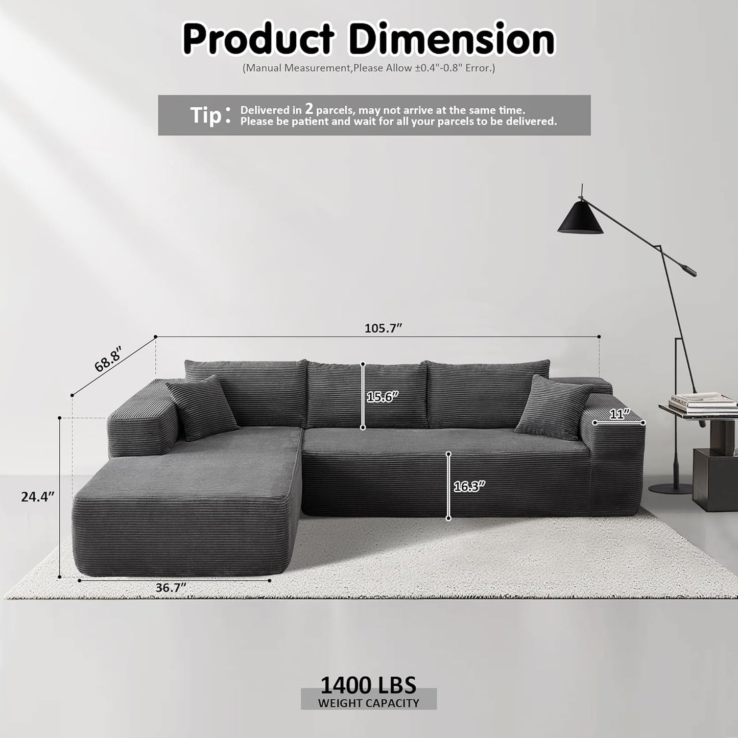 104" Cloud Sectional Couch with L-Shape Chaise