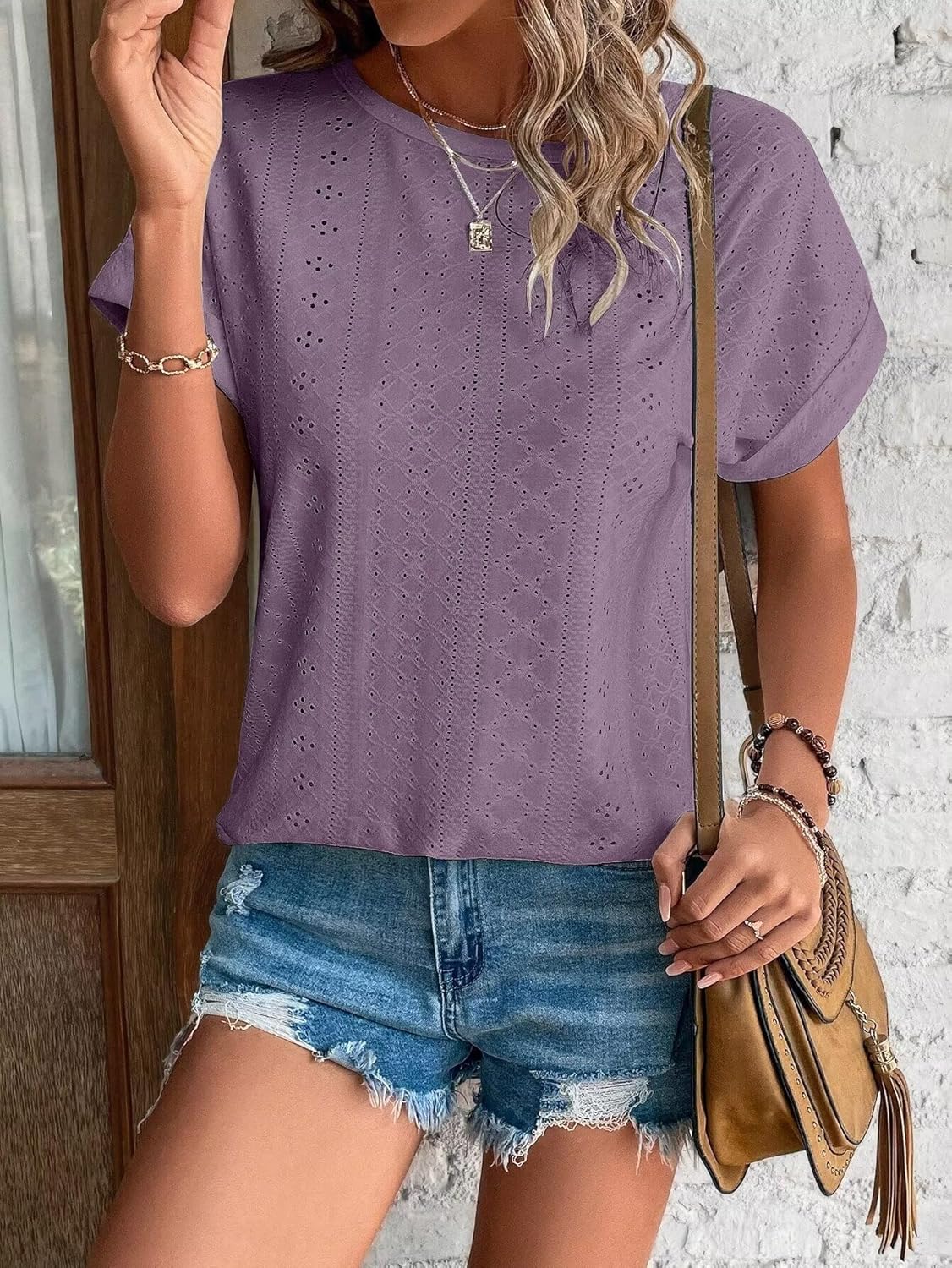 Womens Tops Eyelet Embroidery Summer Spring Curved Hem Short Sleeve Trendy T Shirts