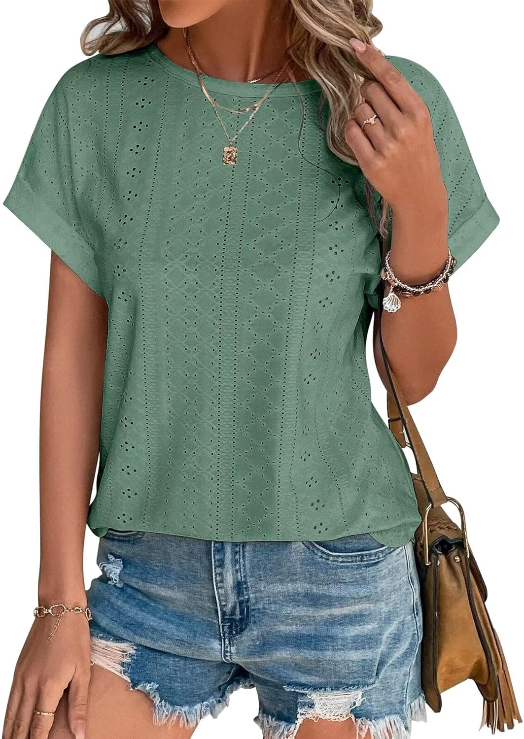 Womens Tops Eyelet Embroidery Summer Spring Curved Hem Short Sleeve Trendy T Shirts
