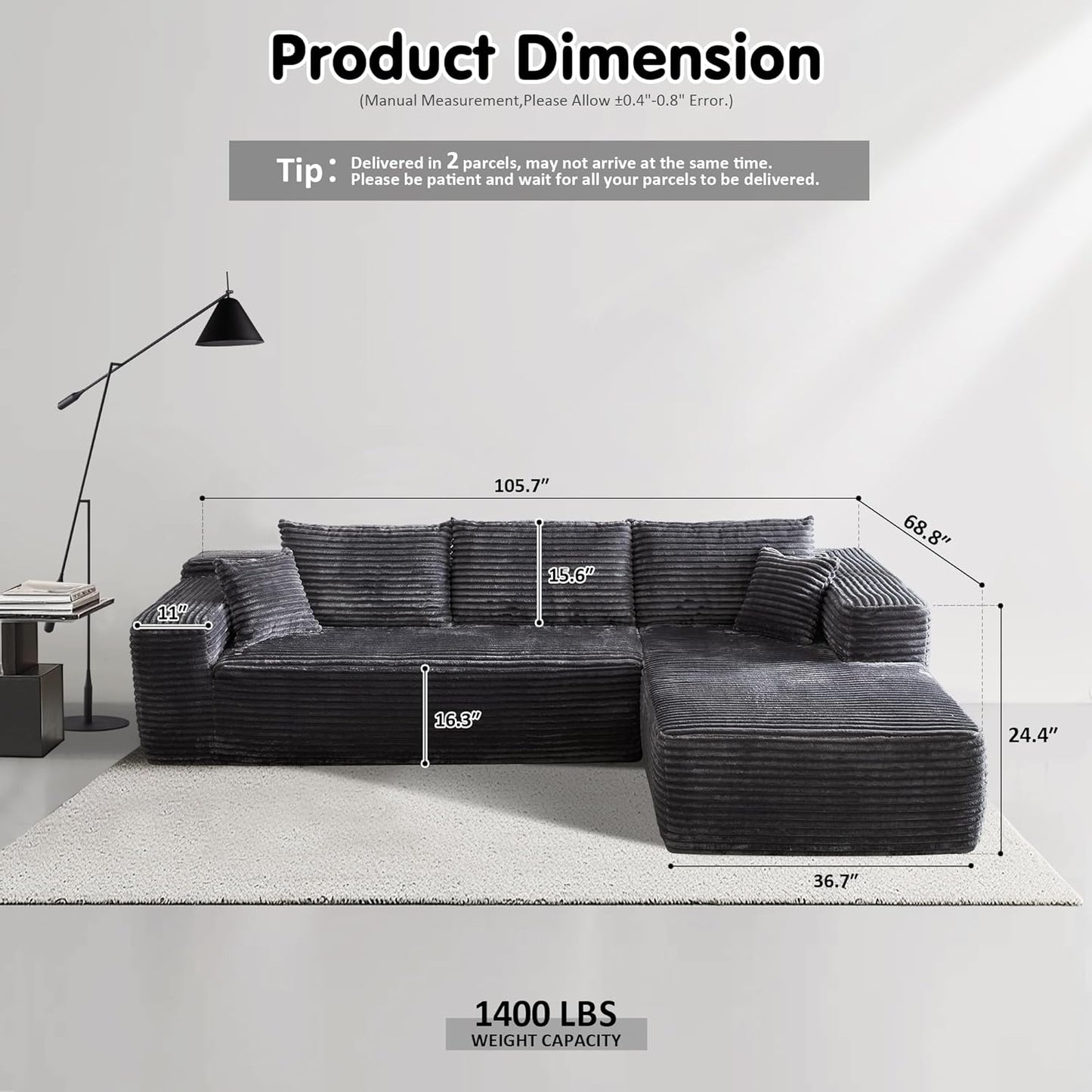 104" Cloud Sectional Couch with L-Shape Chaise