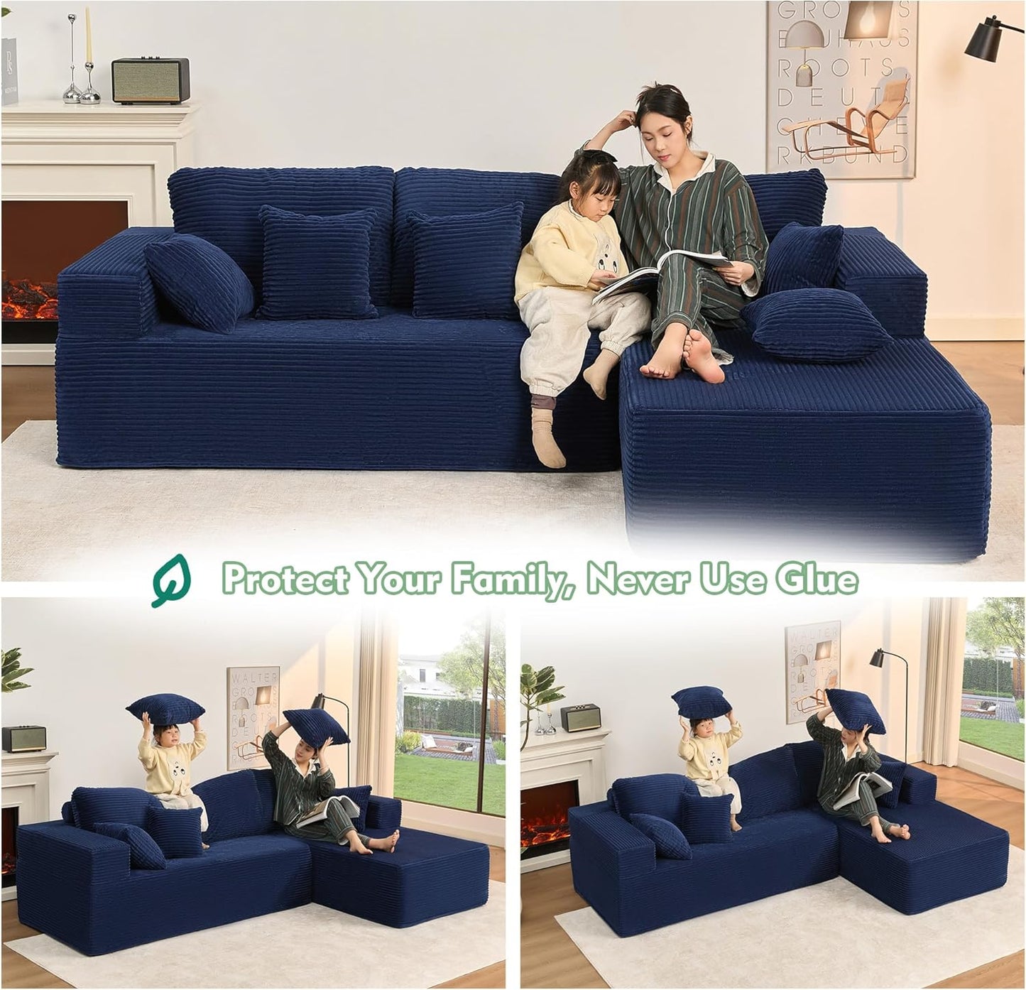 107" Boneless Couch with Deep Seat Cloud Sectional Couch for Living Room