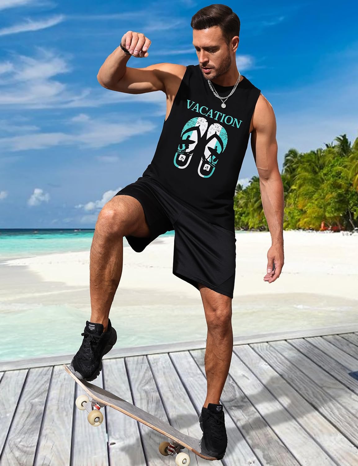 Mens Tank Tops Beach Summer Sleeveless Shirts Graphic Palm Tree Vacation