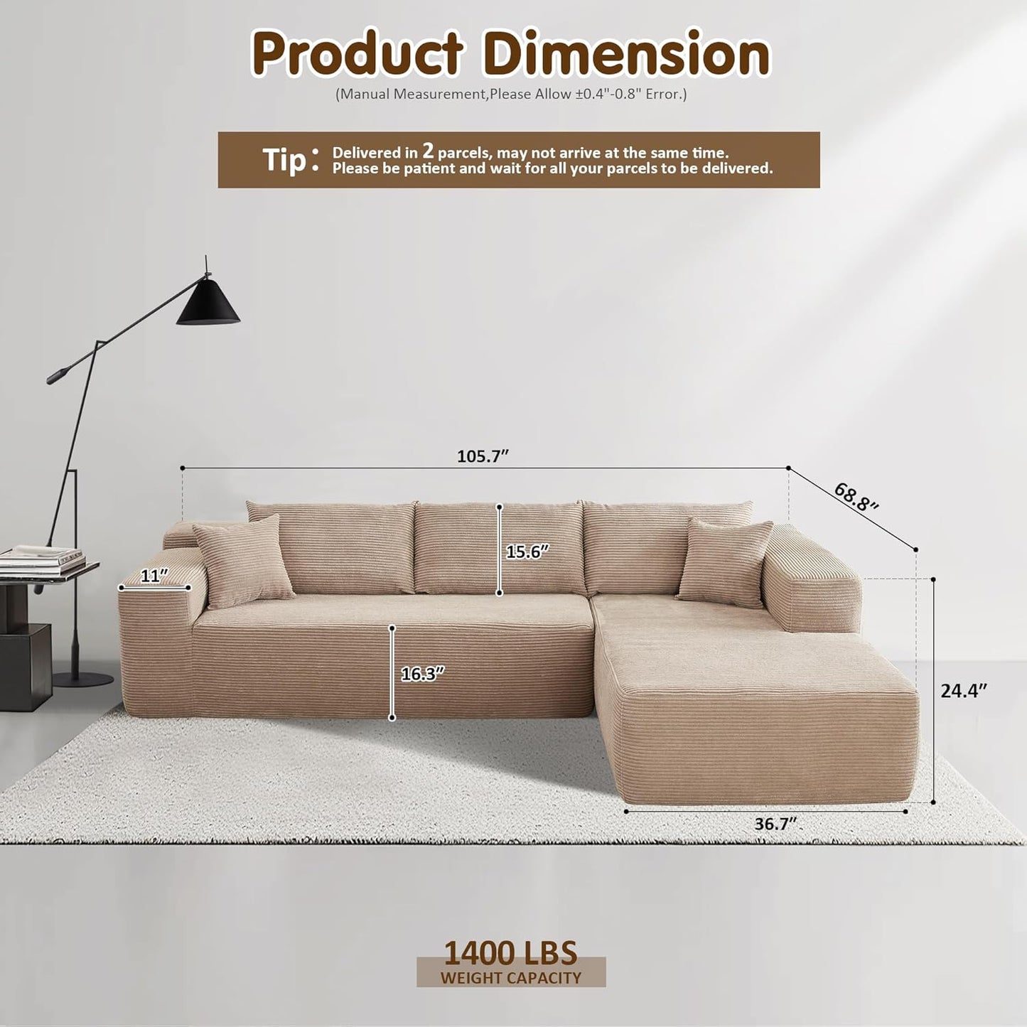 104" Cloud Sectional Couch with L-Shape Chaise