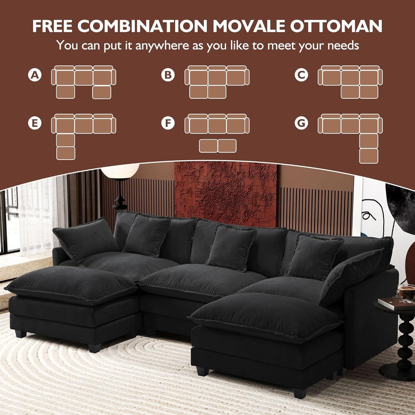 146" U-Shaped Modern Sofa Modular Sectional Cloud Couch