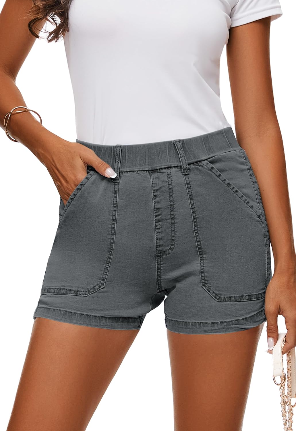 Womens Jean Shorts High Waisted Summer Cotton Elastic Waist Denim Shorts with Pockets