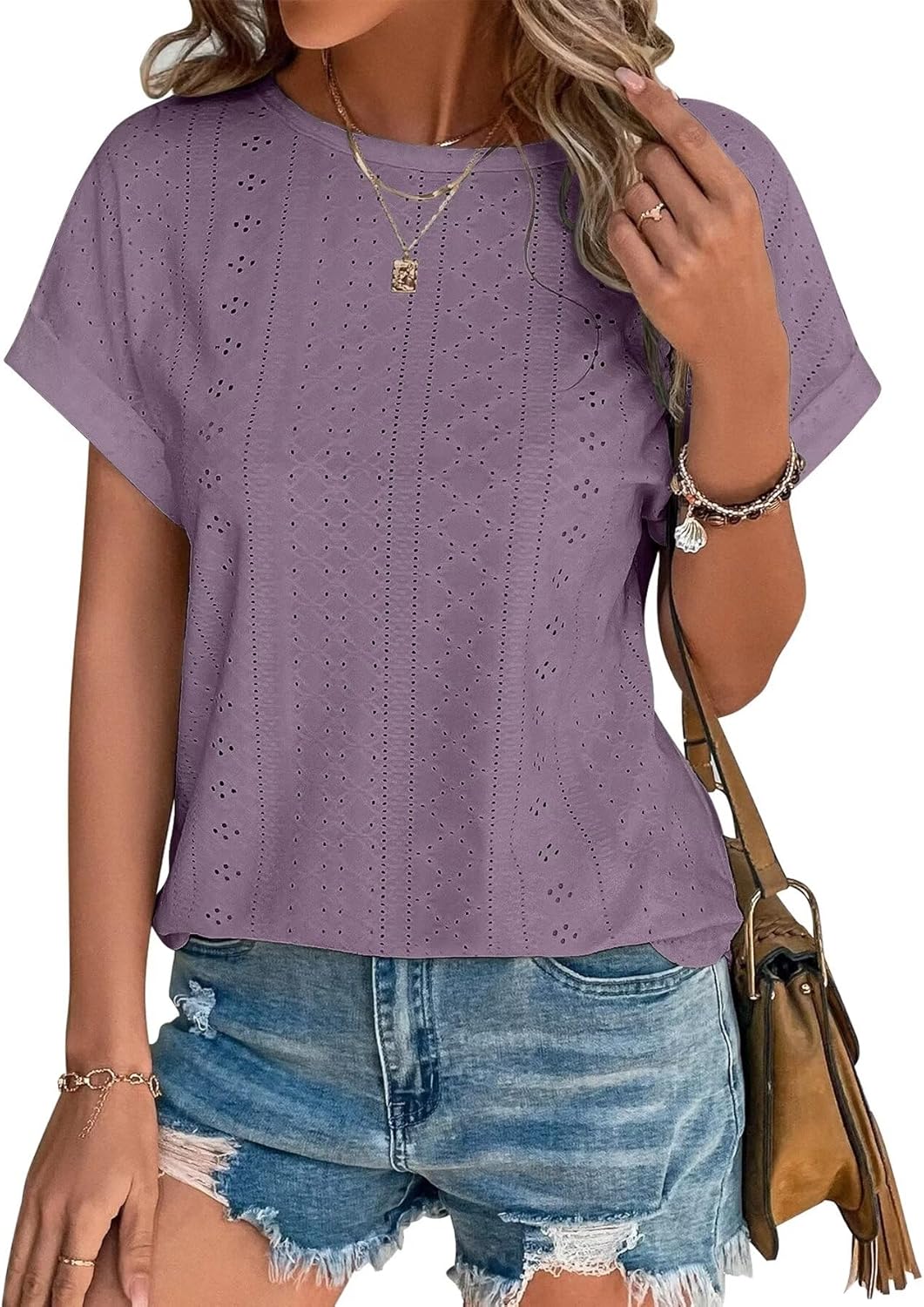 Womens Tops Eyelet Embroidery Summer Spring Curved Hem Short Sleeve Trendy T Shirts