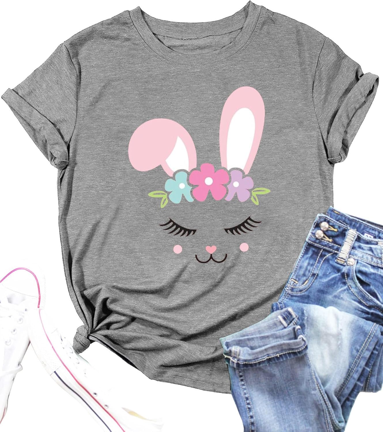 Funny Bunny Print T Shirt for Women Cute Grapic Leopard Shirts Family Blouse Gifts Easter Tops Tee