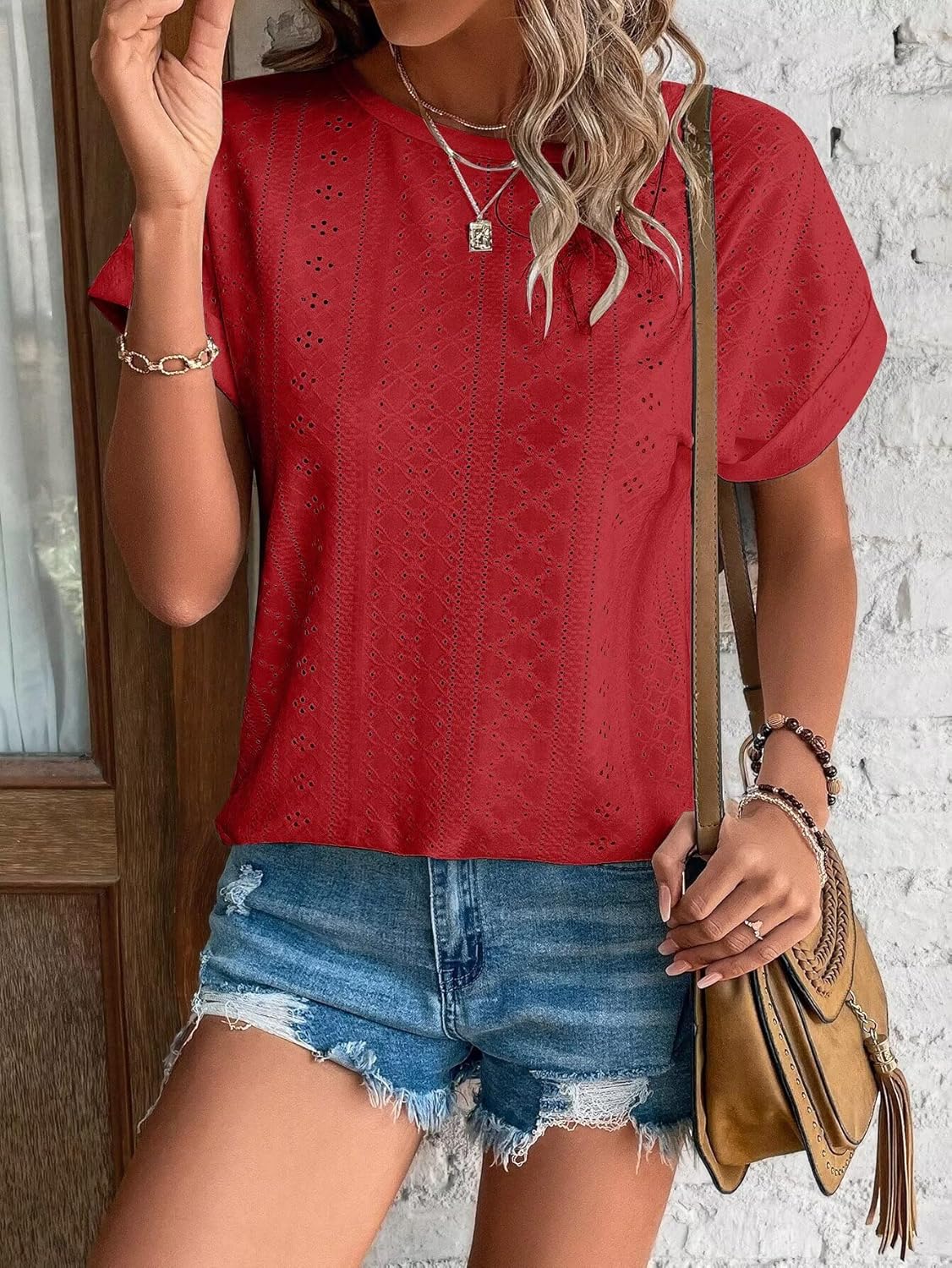 Womens Tops Eyelet Embroidery Summer Spring Curved Hem Short Sleeve Trendy T Shirts