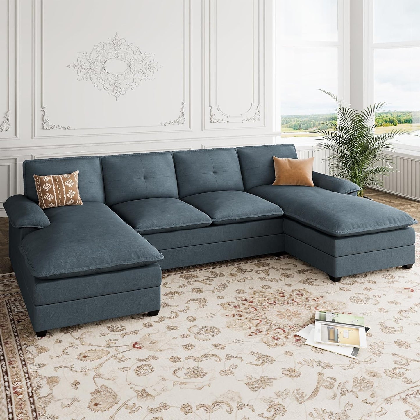110 Inch U Shaped Sectional Sofa with Double Chaise Black