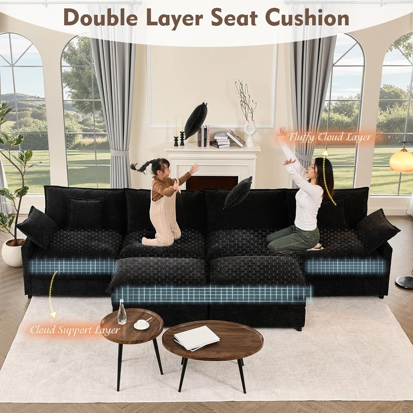 108" U Shaped Couch Modular Sectional Sofa